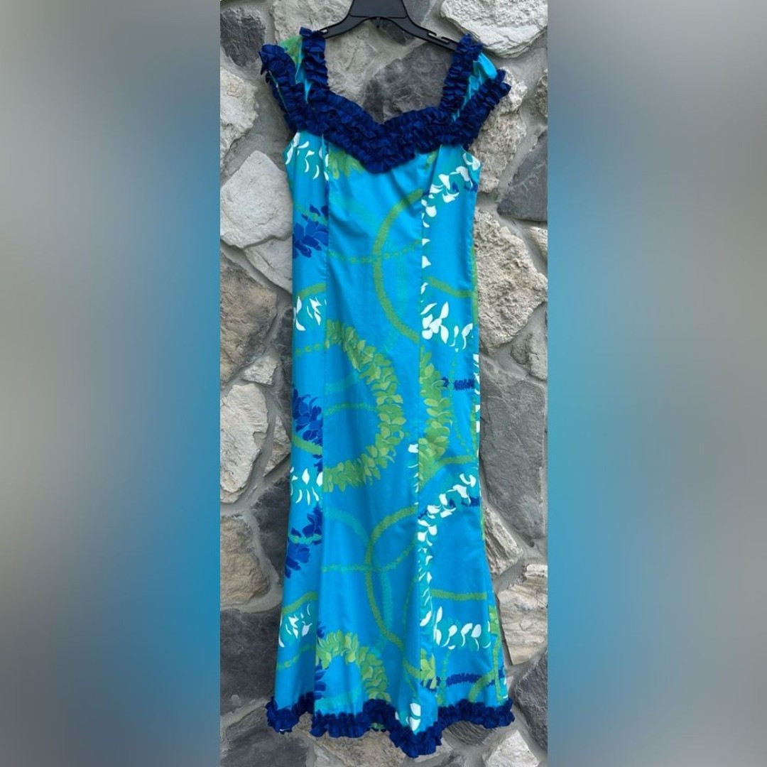 Royal Creations Maxi Dress Sz L Hawaii Made Beach Vacation Ruffle Tropical Blue