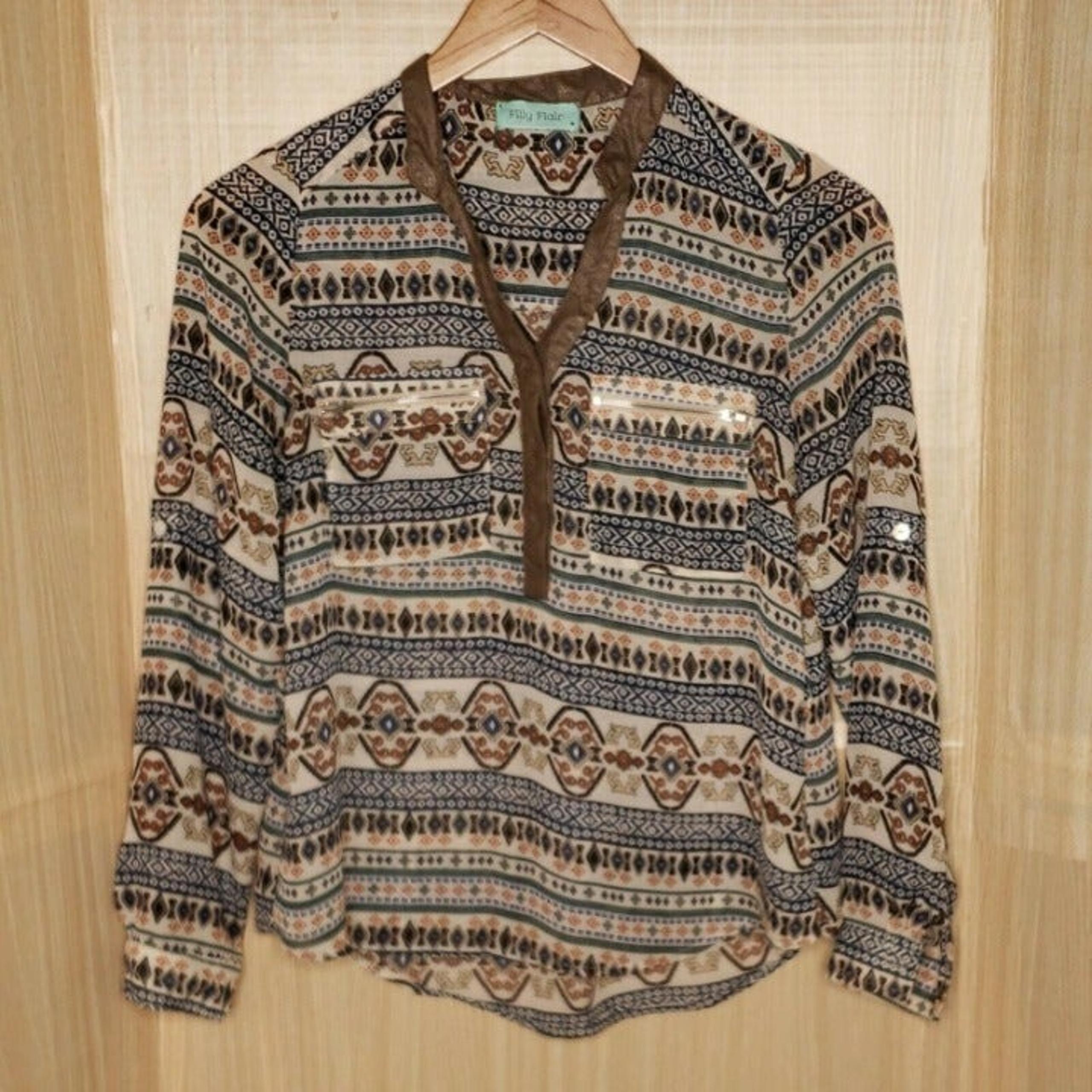 Filly Flair Womens Semi Sheer Aztec High Low  Blouse With Faux Suede Detail