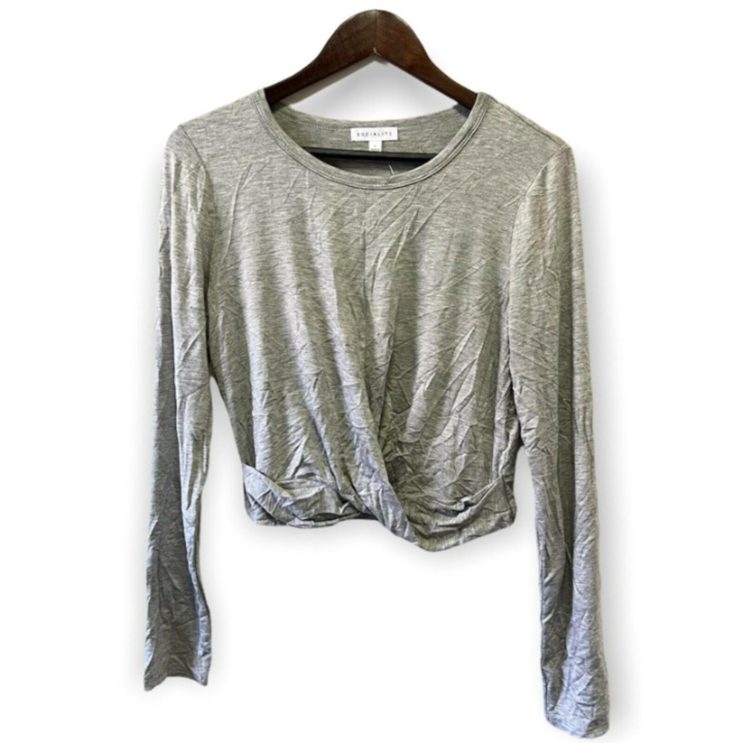 Socialite Women's Size L Long Sleeve Crop Top Twist Hem Long Sleeve Blouse Gray