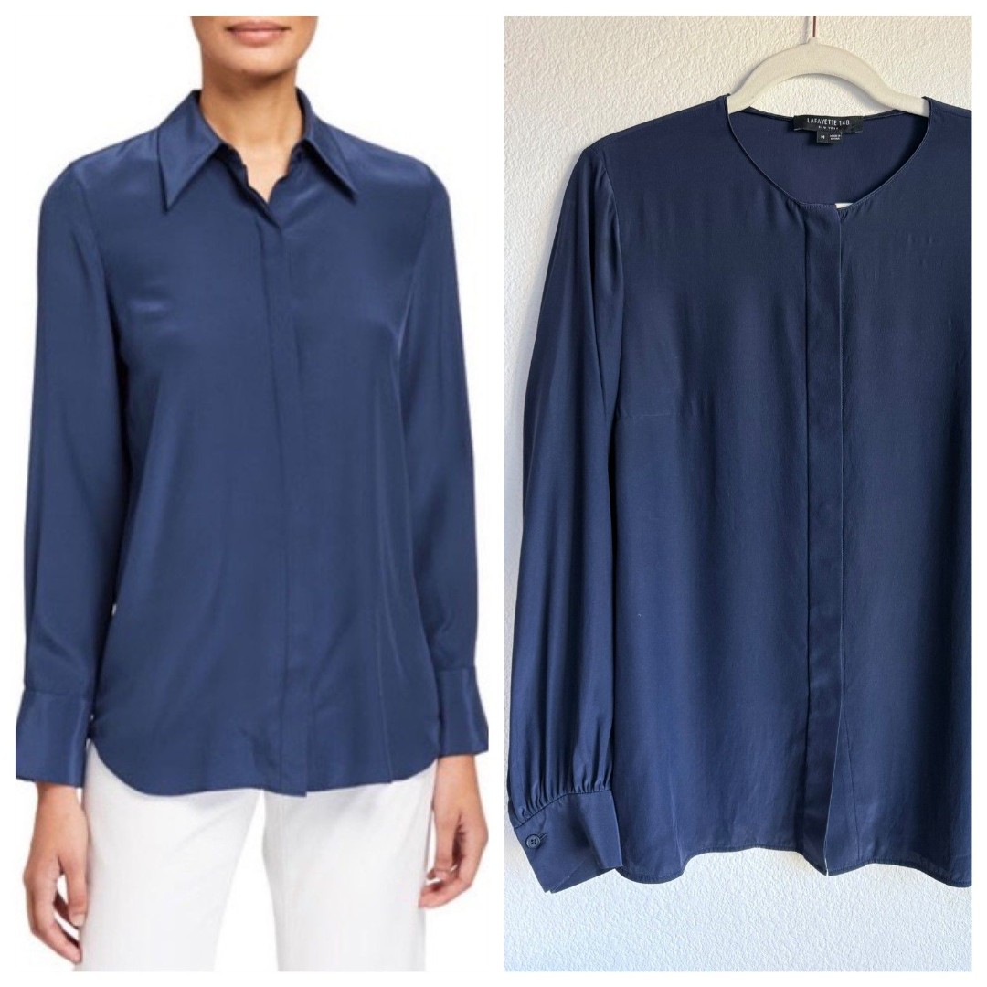Lafayette 148 100% Silk Collarless Hidden Button Blouse in Royal Navy Size M
