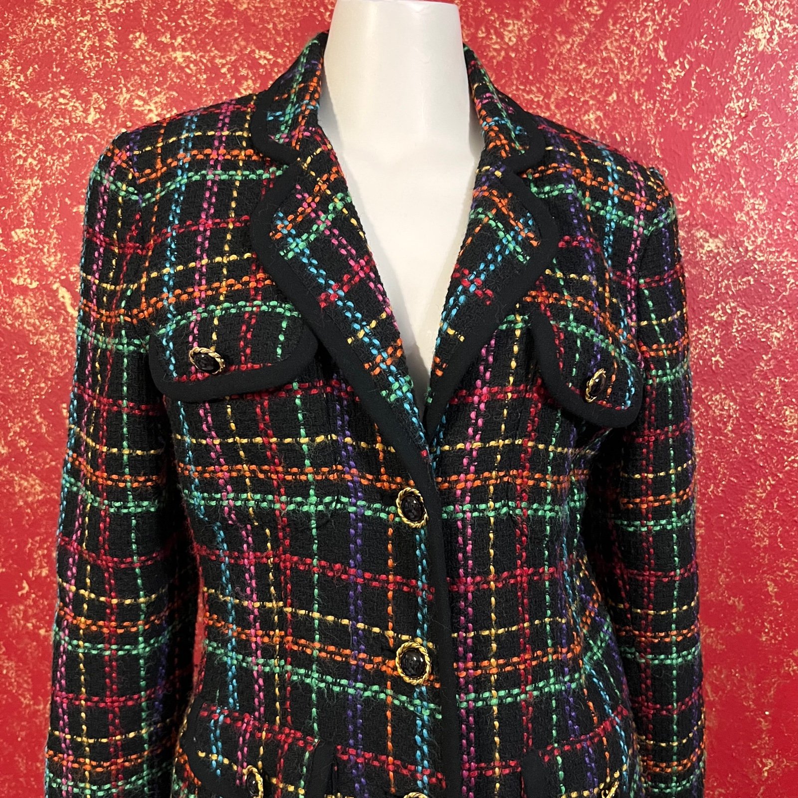 MORGAN TAYLOR MT Vintage Textured Wool Blend Multi Color Rainbow Blazer Jacket 6