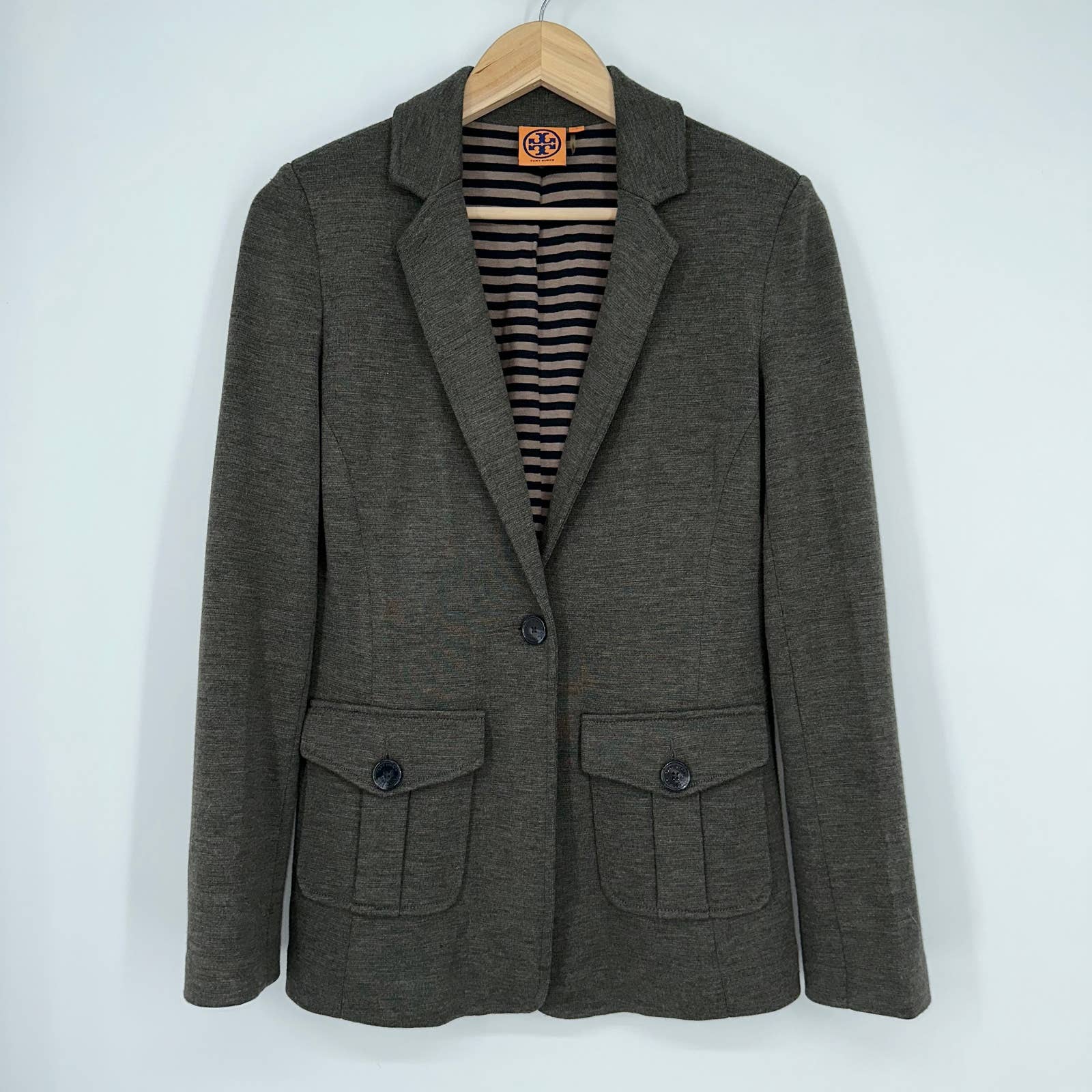 Tory Burch Seth Wool Blend Knit Blazer Jacket in Sidewalk Gray