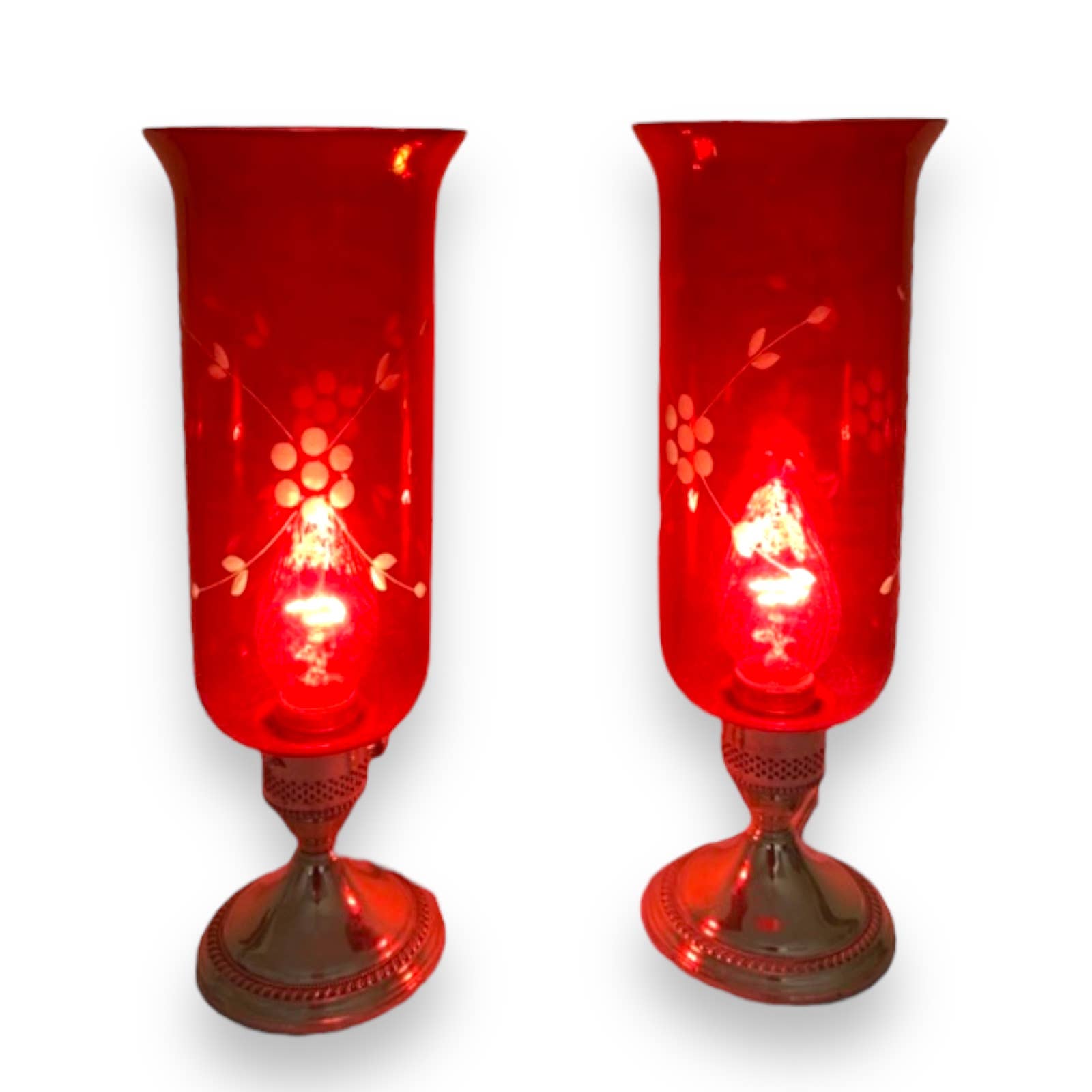 Crest Silver Company Weighted Sterling Lamps with Red Etched Glass- Set of 2