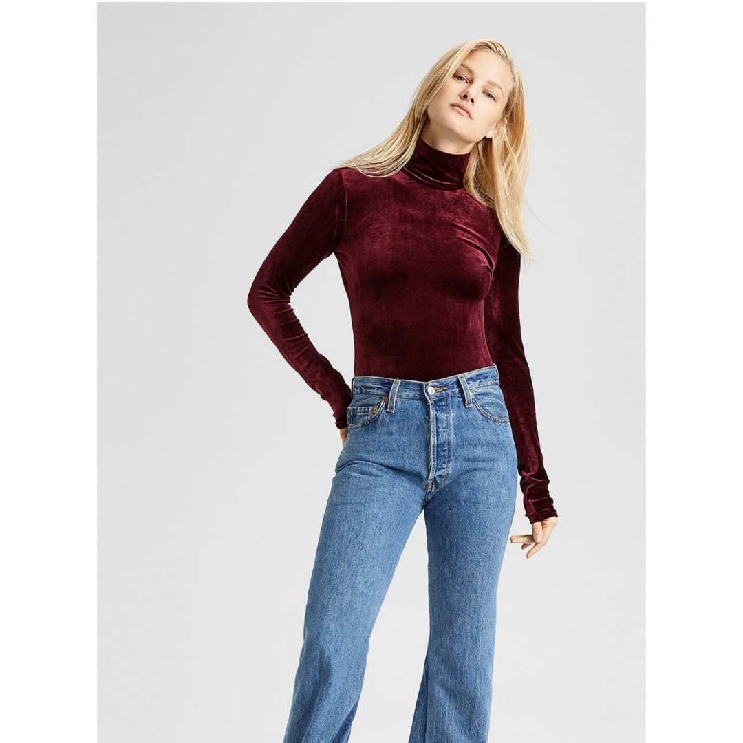 Theory Velvet Turtleneck Top Stretch Long Sleeve Burgundy Red Currant S