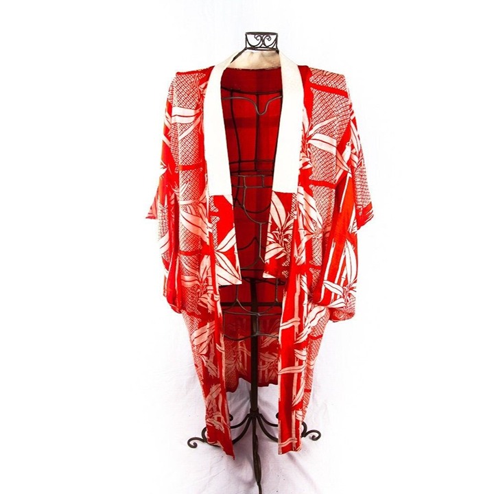 Vtg Japanese Kimono Silk Juban (Nagajuban) Worn Under Kimono Red & White Bamboo