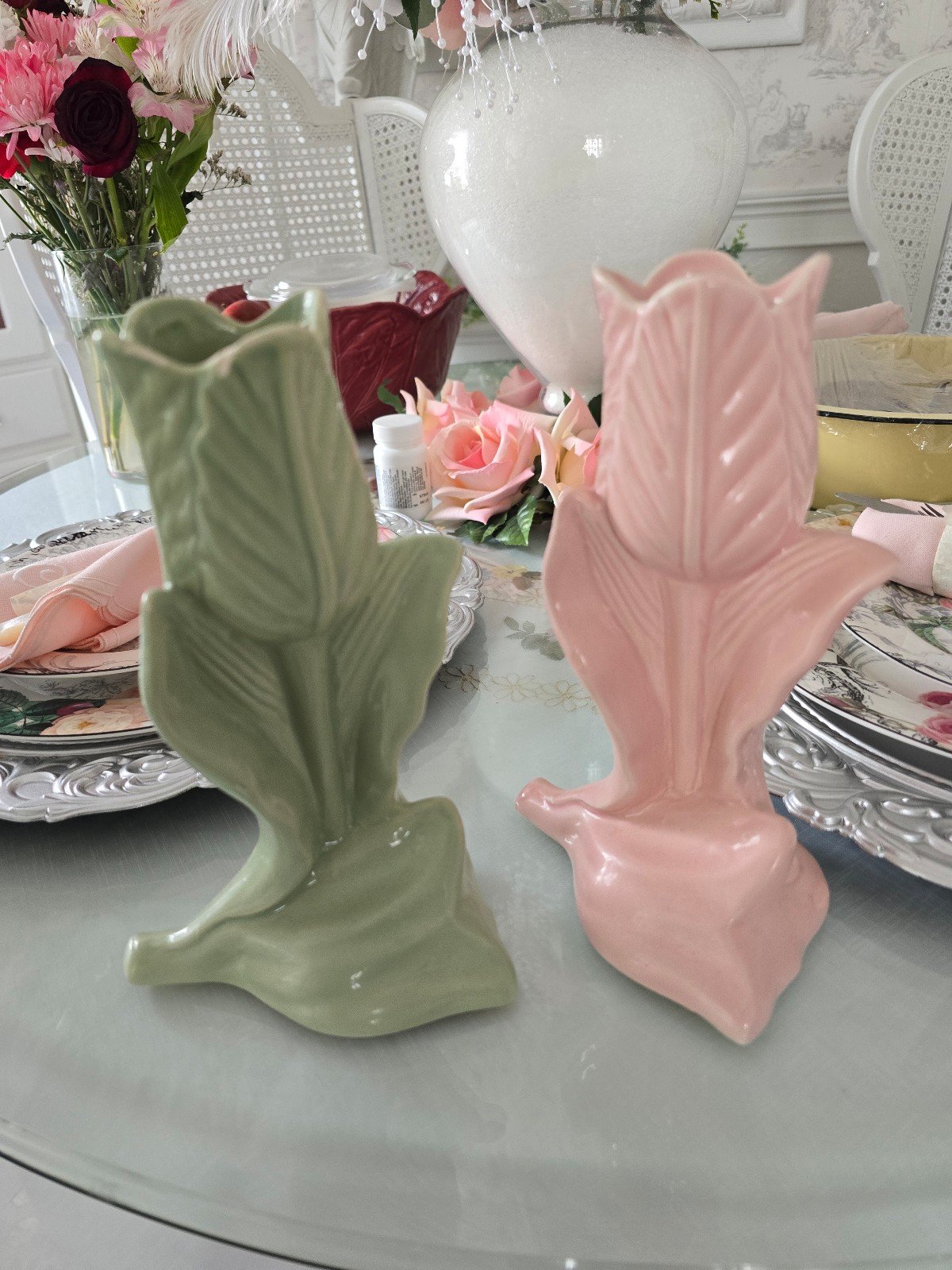 Pink and green Tulip Motif with Leaves Bud Vase
