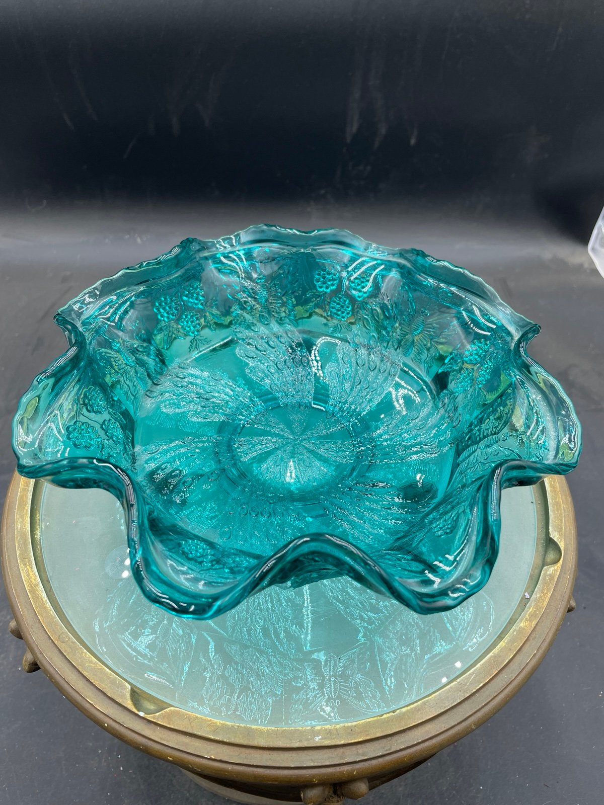 Fenton Carnival Glass Ruffled Fantail Butterfly & Berries Teal Footed Bowl 9” VG
