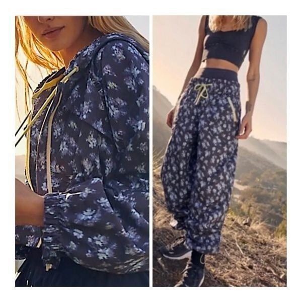 Free People Movement floral windbreaker with hood jacket and pants set size L