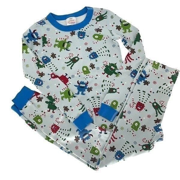 Hanna Andersson Blue Holiday Monster Pajamas Long Johns Candy Cane Gingerbread S