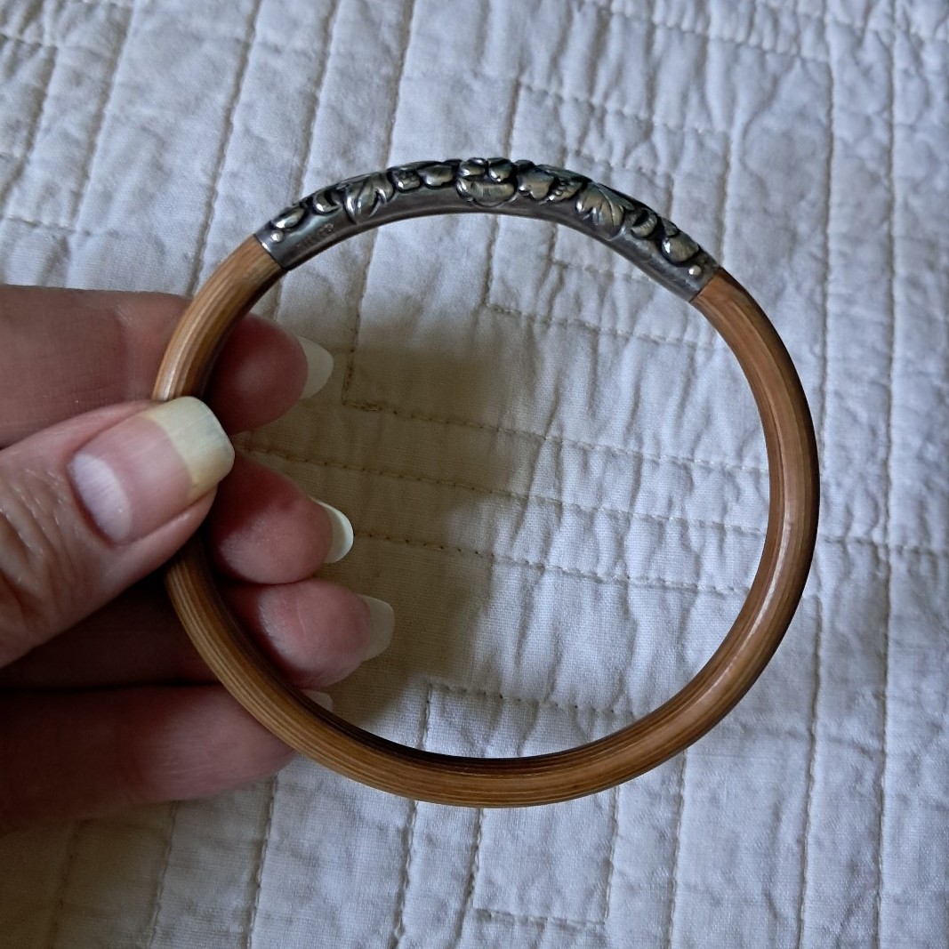 Antique Chinese Sterling Silver Repousse Thin Floral Bamboo Rattan Bracelet