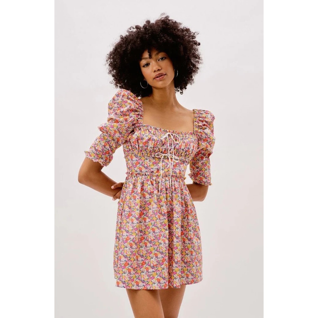 NWT For Love & Lemons Libby Mini Dress | Floral Pink Yellow | SZ M