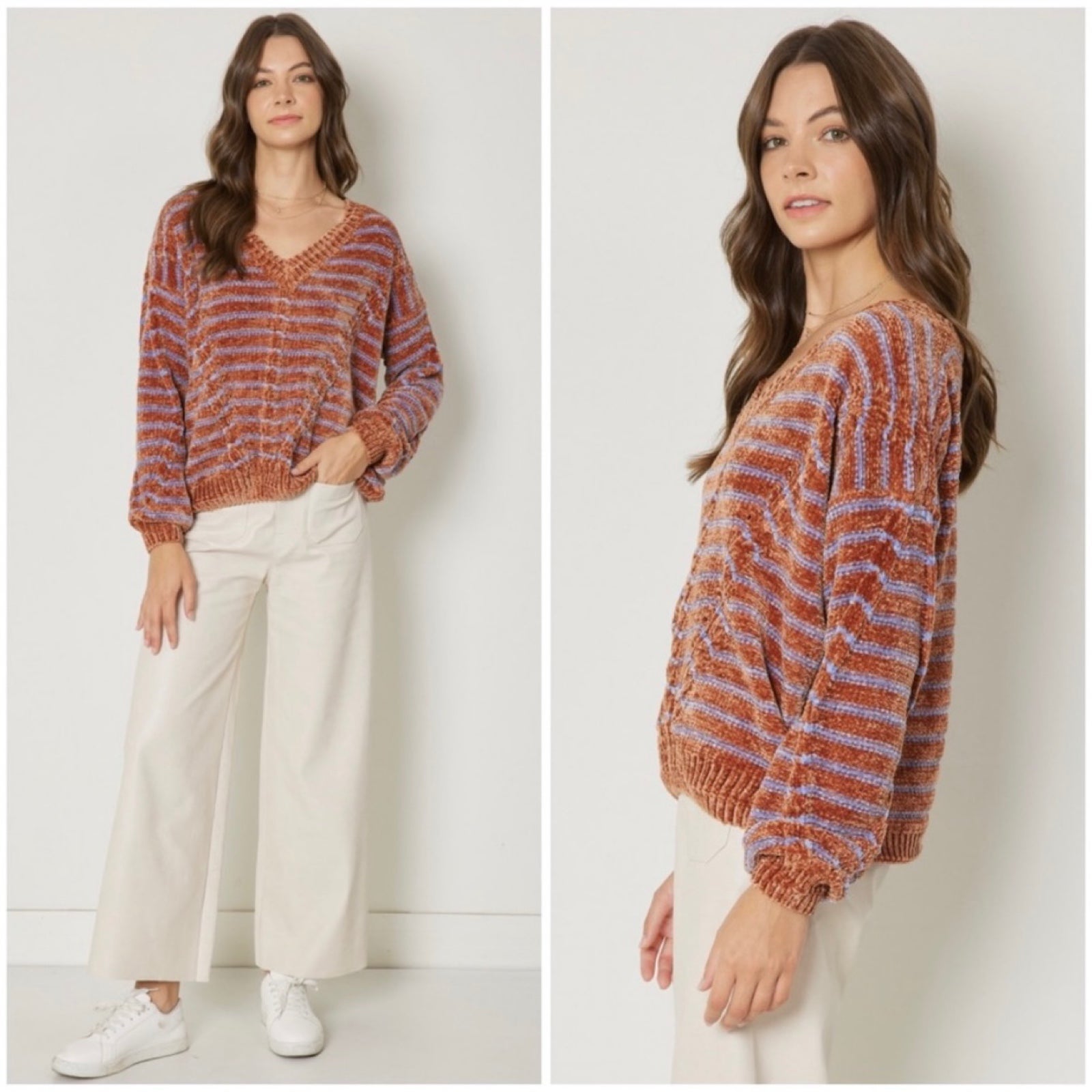 NEW Soft Chenille Stripe V-neck Sweater