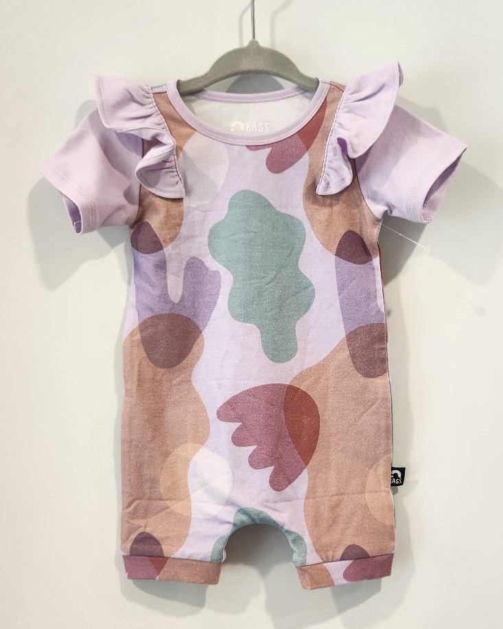 New RAGS Apparel Kid's Short Sleeve One Piece Purple Camo Ruffle Romper 3-6mo