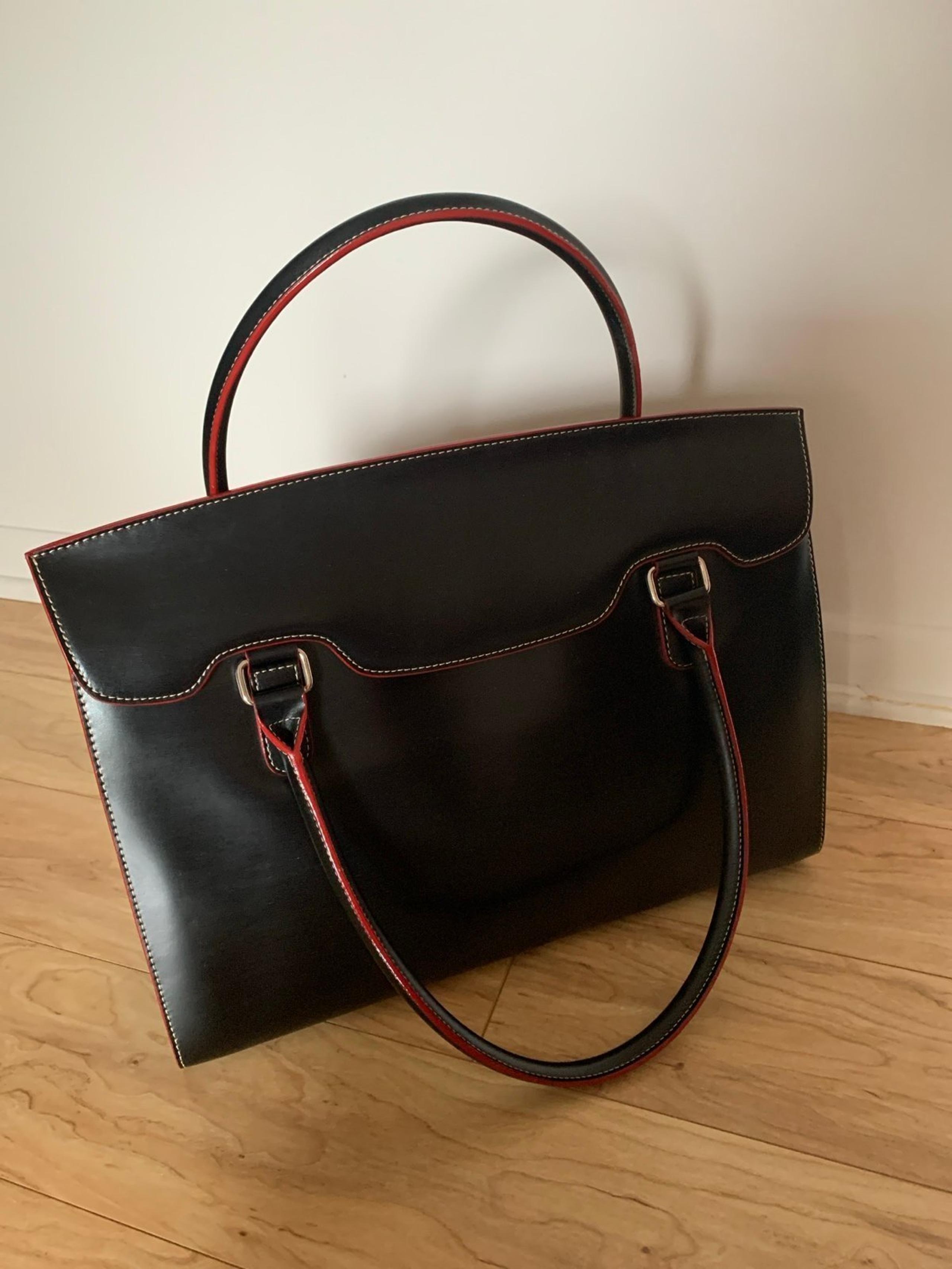Lodis black genuine leather flap tote handbag business laptop black red trim