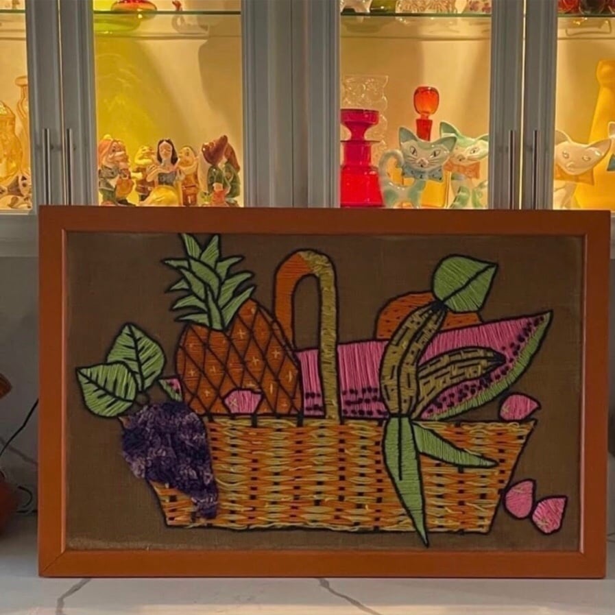 Vintage 1960’s Colorful Mod Mod Tiki Crewel Embroidery Needlepoint Textile