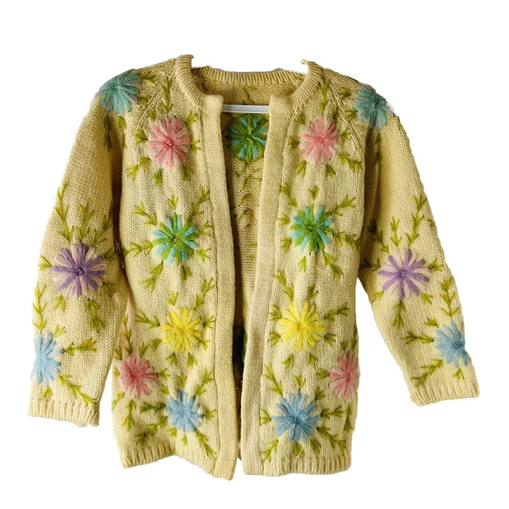 VTG 1950s Womens Small Rainbow Floral All Over Crewel Stitched Cardigan Sweater