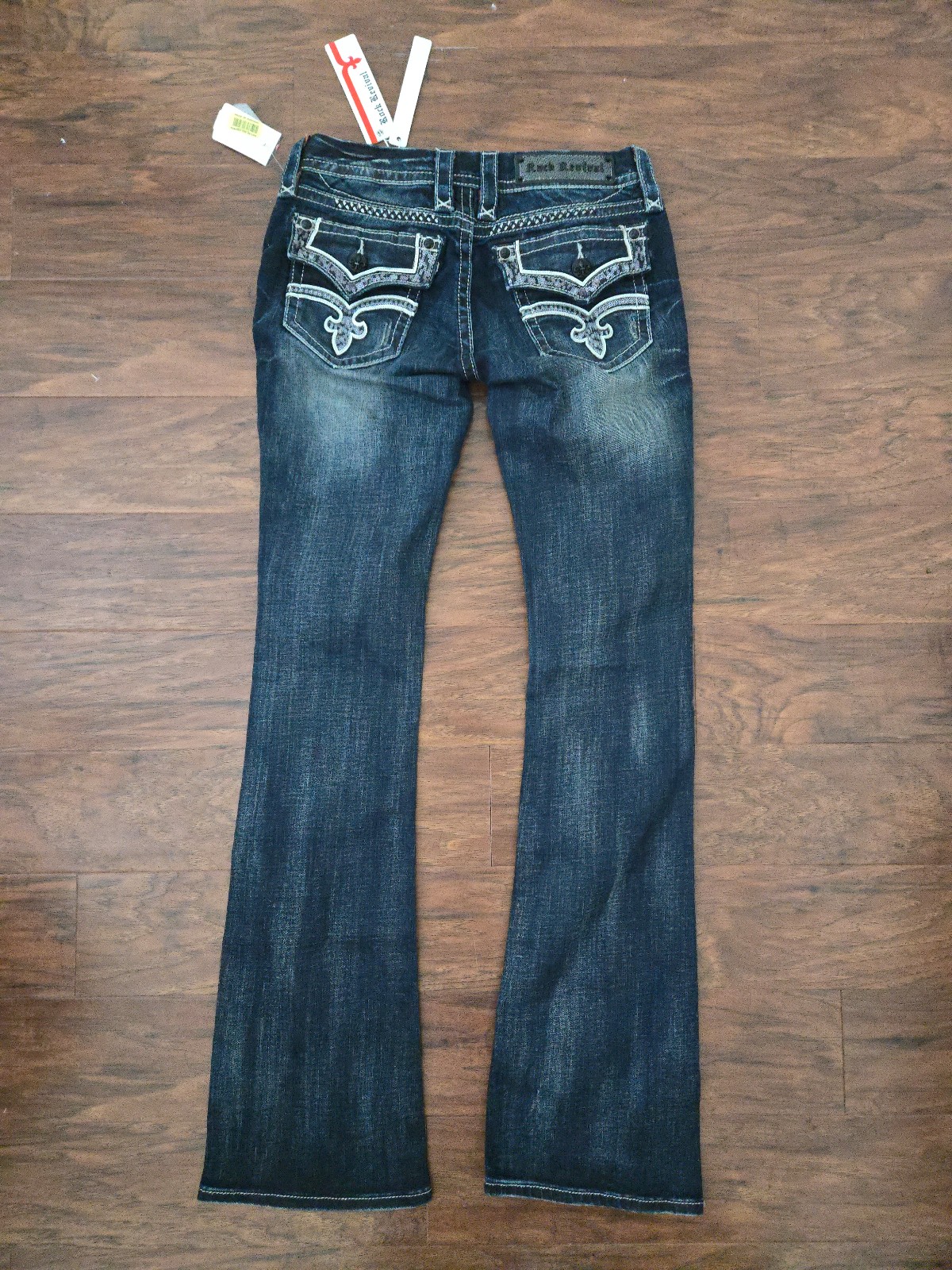 NWT Rock Revival Essie Boot Jeans Silver Label Womens Size 27 Flap Pockets Embel