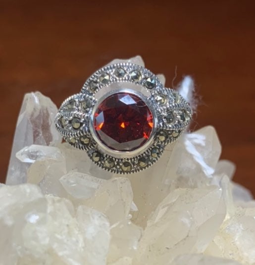 Solid sterling antique style garnet ring