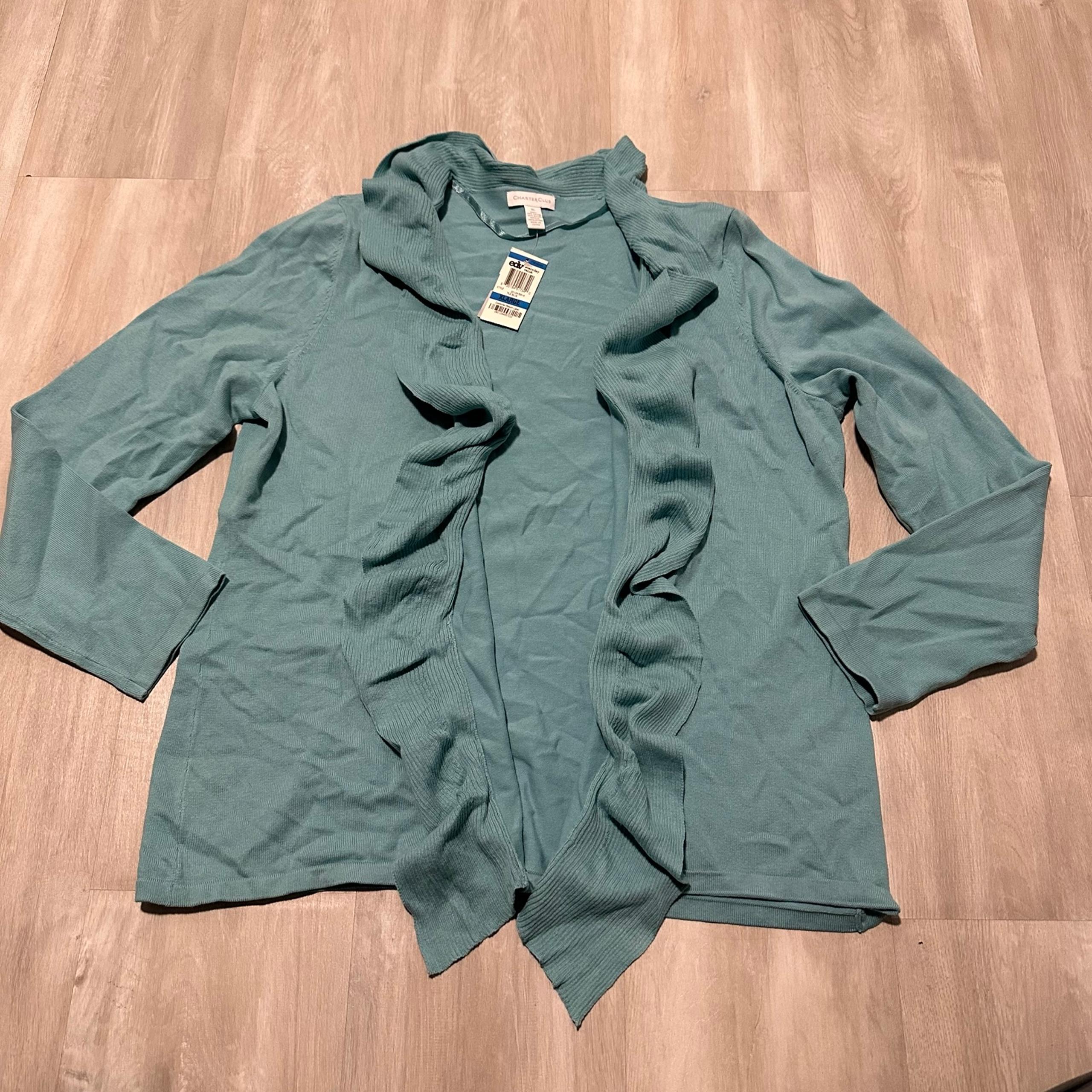 Charter Club Blue Cotton Ruffle Open Sweater Cardigan Sz XL NWT