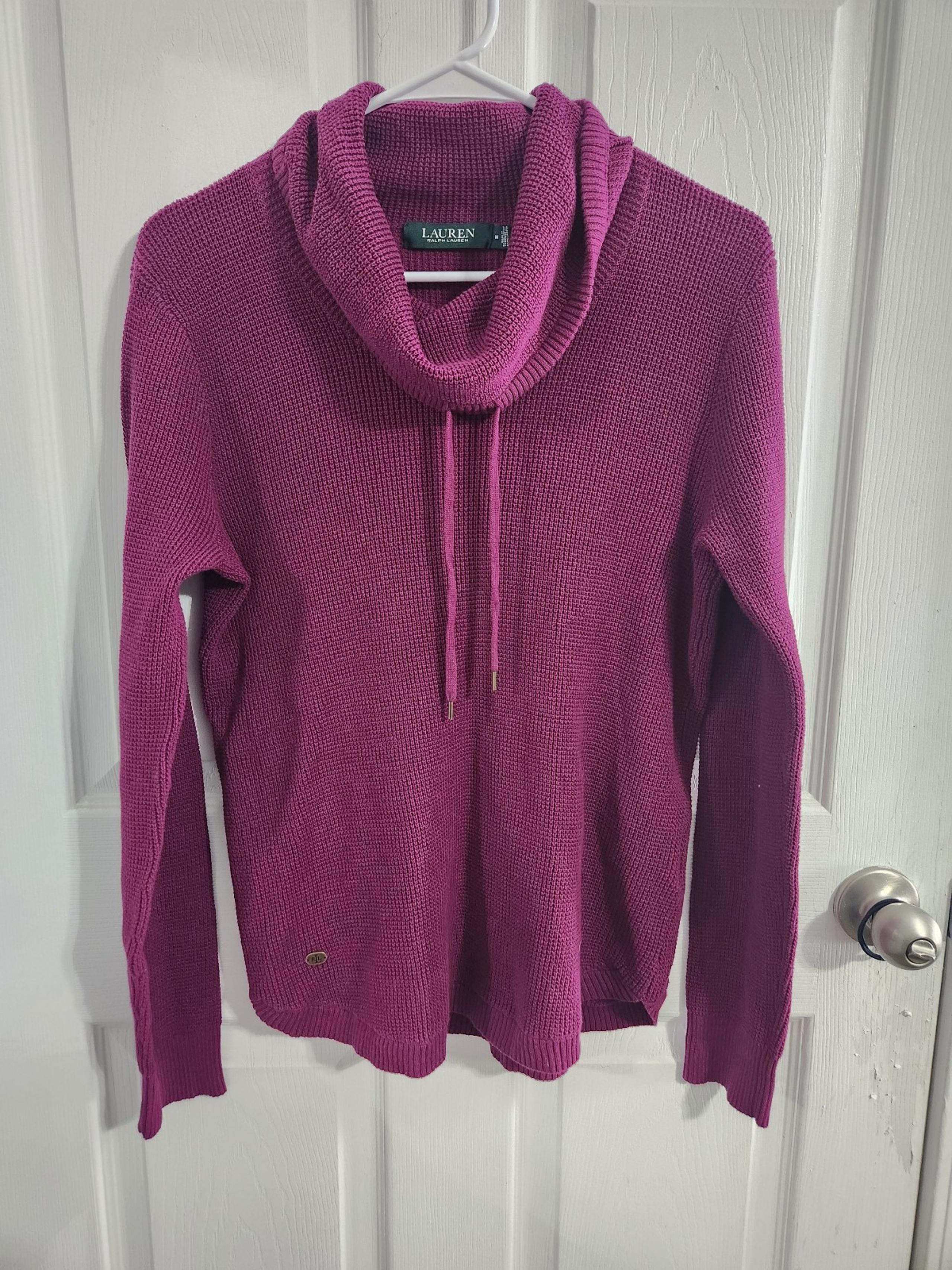 Lauren Ralph Lauren purple drawstring cowl neck waffle knit cozy sweater Medium