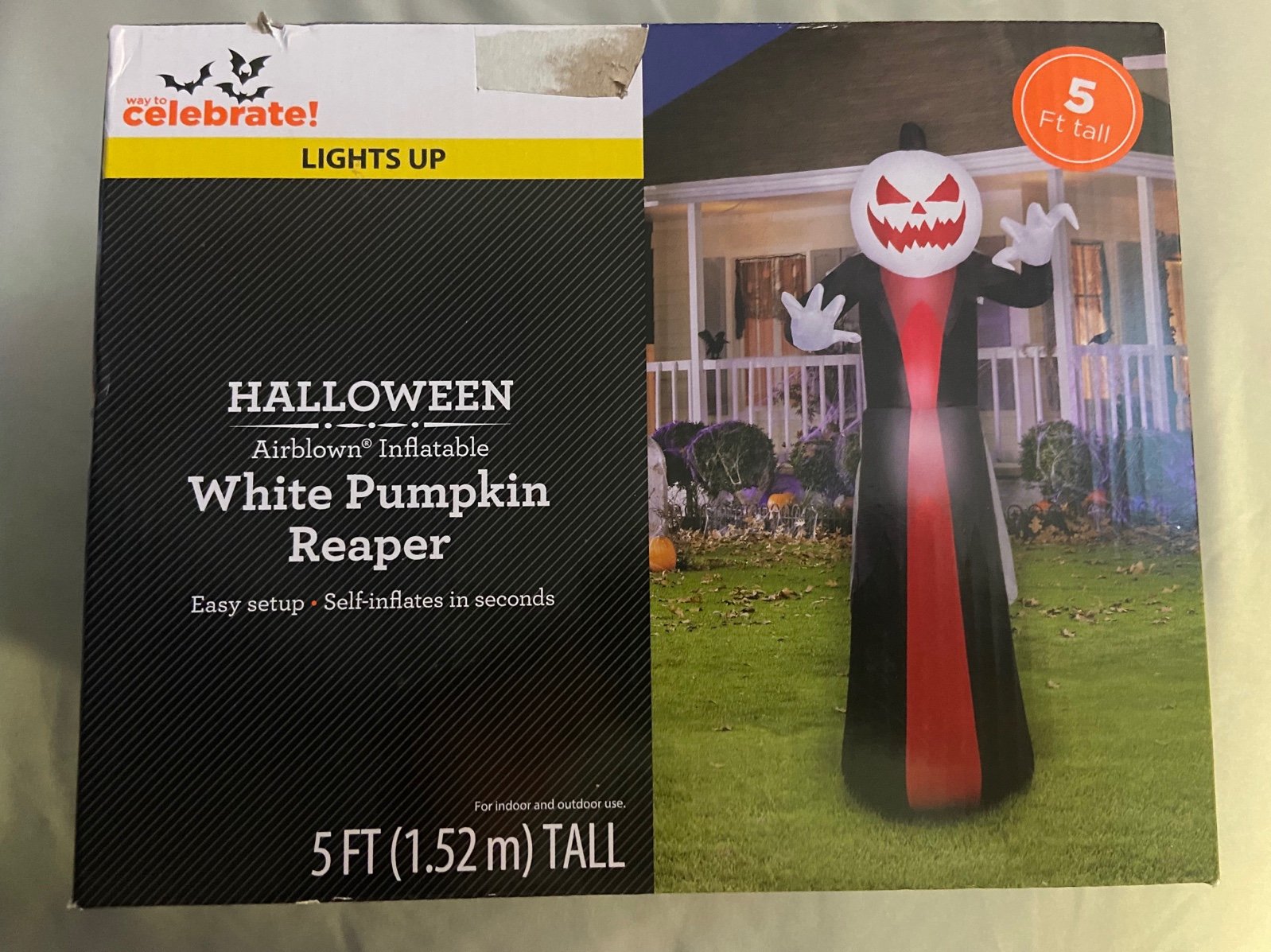 Way To Celebrate Halloween White Pumpkin Reaper 5ft Self Inflate Lights Up NEW