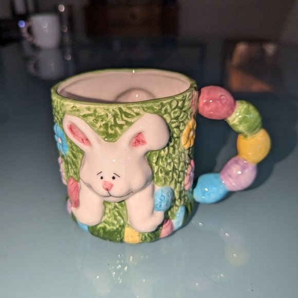 Hand Painted Bunny Rabbit Easter Eggs Flowers 3D Ceramic Cocoa Coffee Mug 12oz