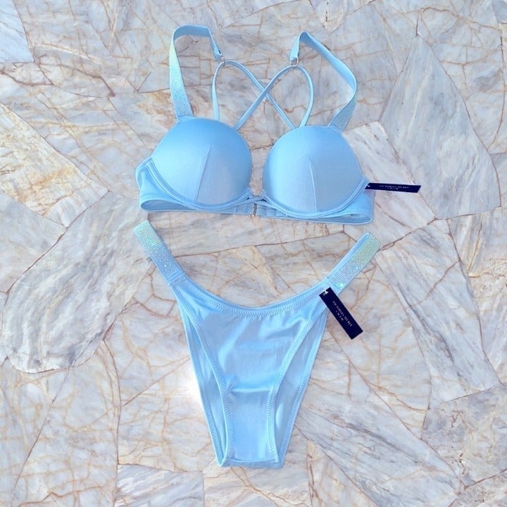 32A Small SHINE STRAP BOMBSHELL ADD 2 CUPS SWIM TOP LOGO CRYSTALS Swim
