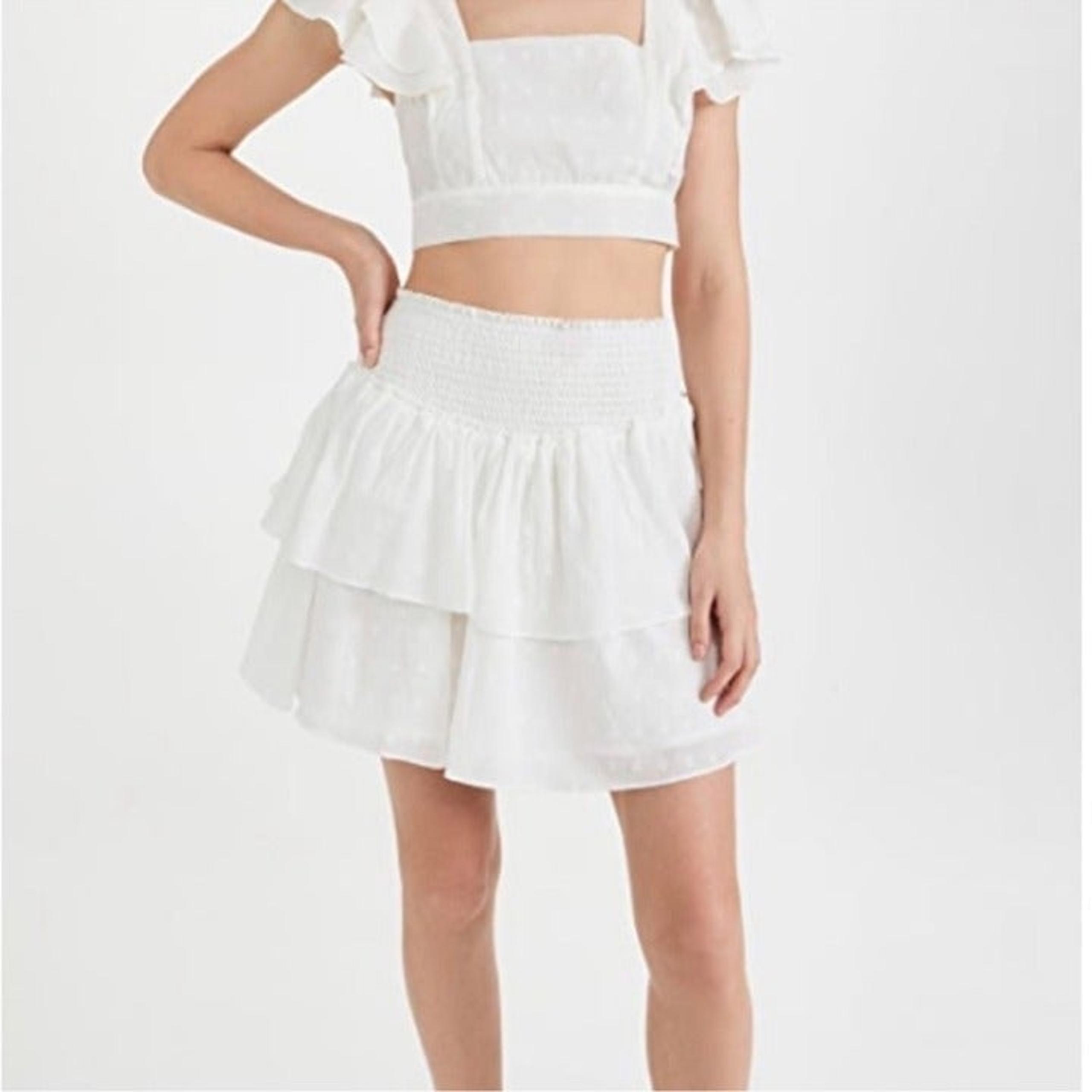 MinkPink Whitewash Mini Skirt Shirred Waistband Double Ruffle Detail Size XS NWT