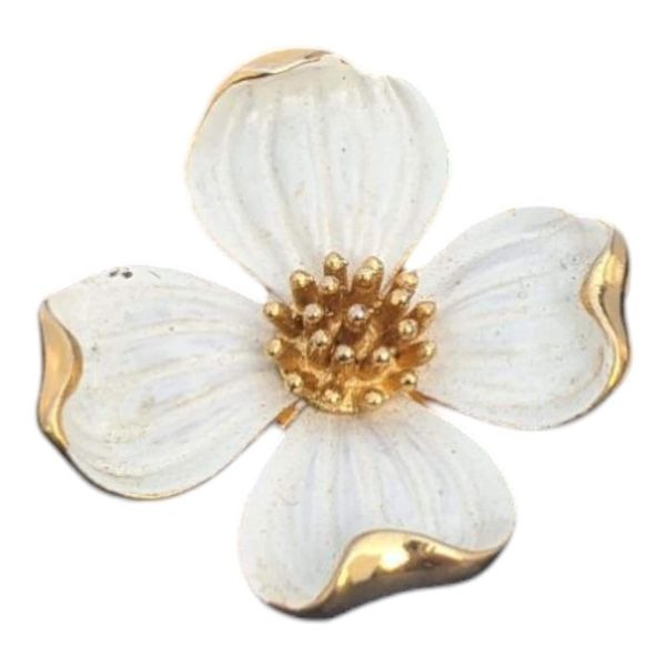 Vintage Trifari Crown Gold Tone White Enamel Dogwood Shape Pin Brooch
