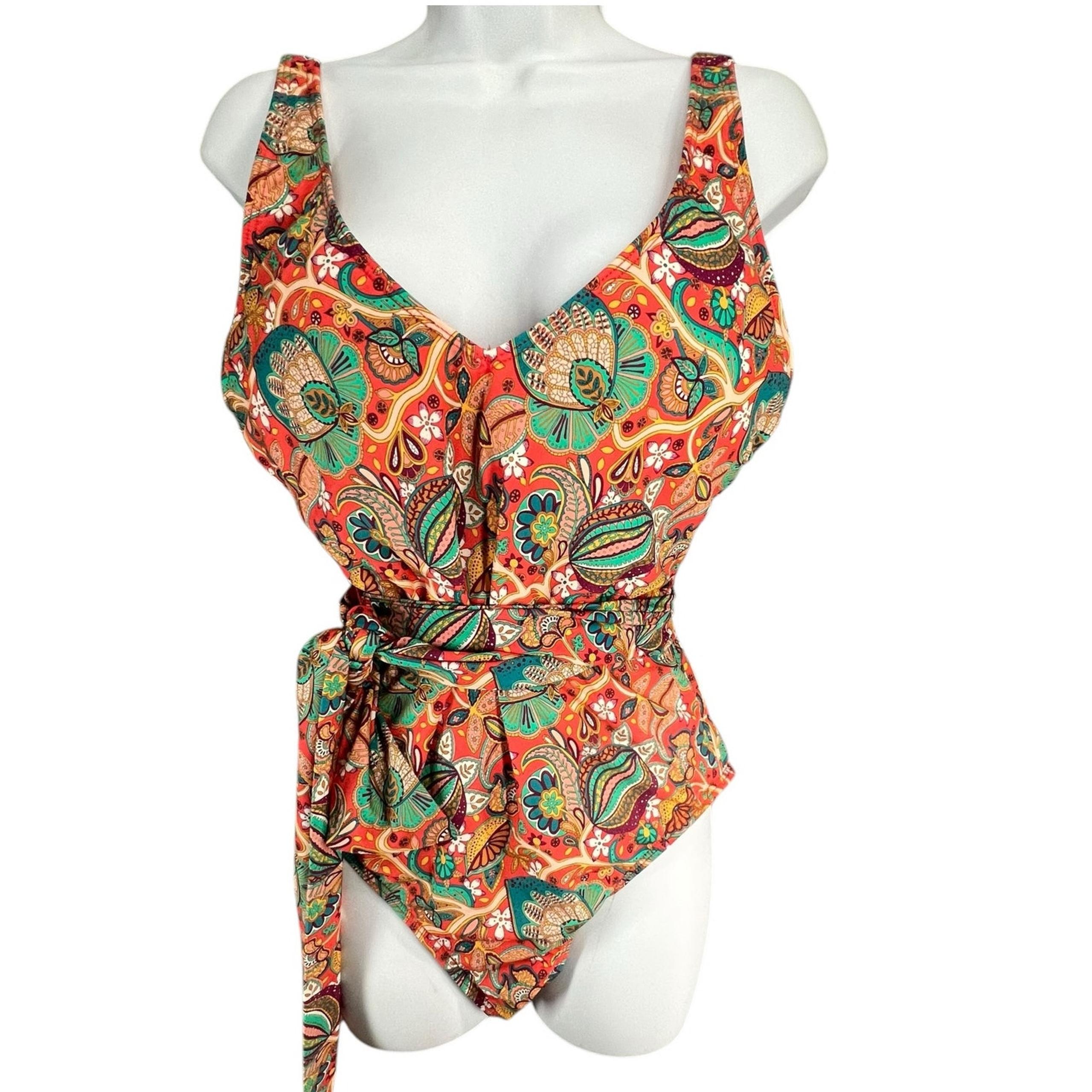 Basta Surf One Piece Swimsuit Womens 12 Red Paisley Plunging Tie Waist Boho NEW