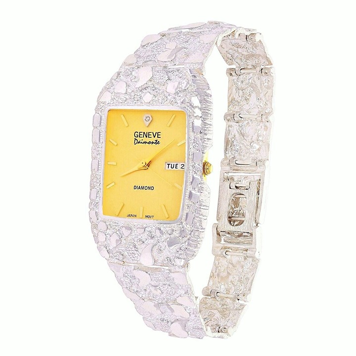 Mens 925 Sterling Silver Nugget Wrist Watch Geneve Real Natural Diamond Watch 7