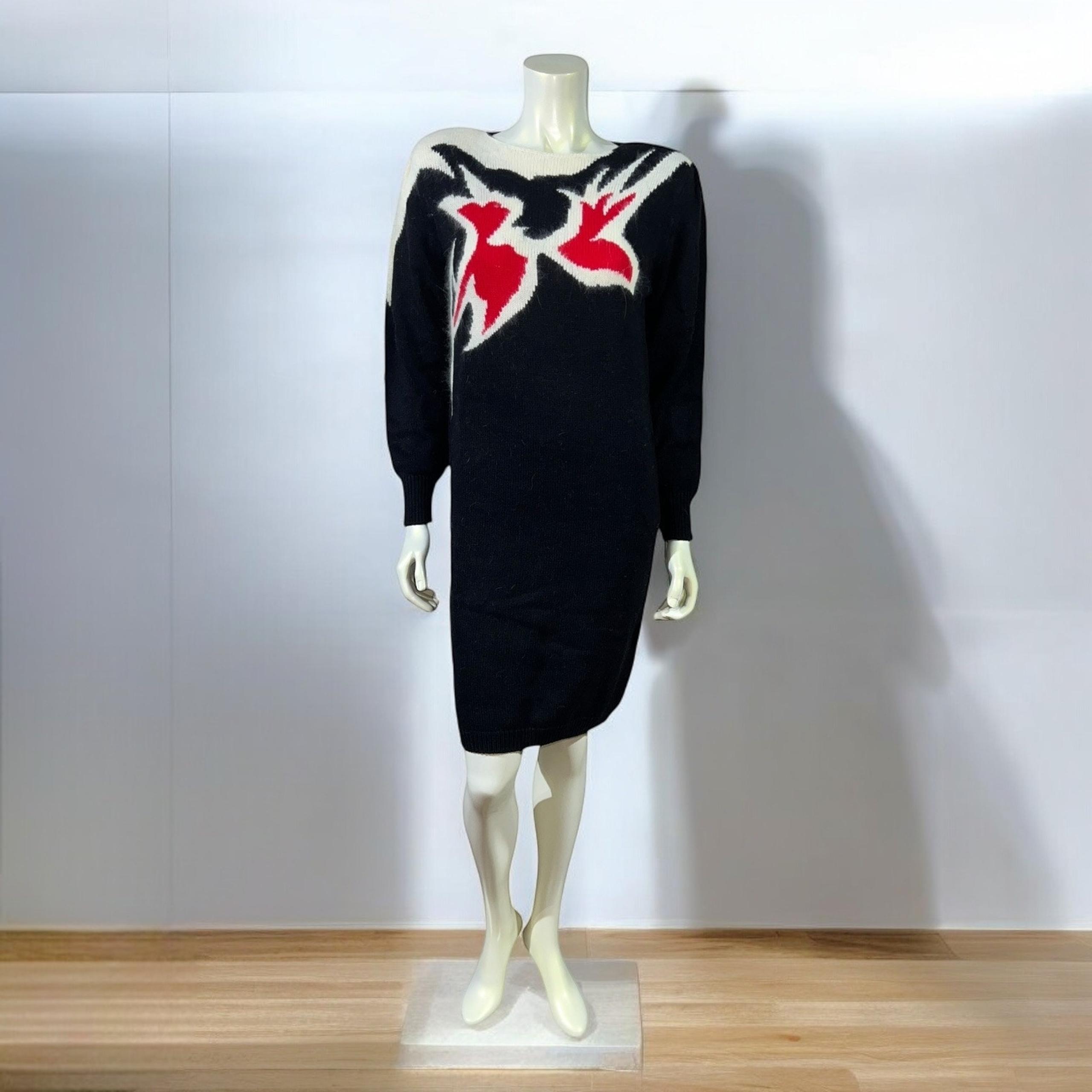 90s Christina Grant Black Angora Blend Sweater Dress Shoulder Pads Medium