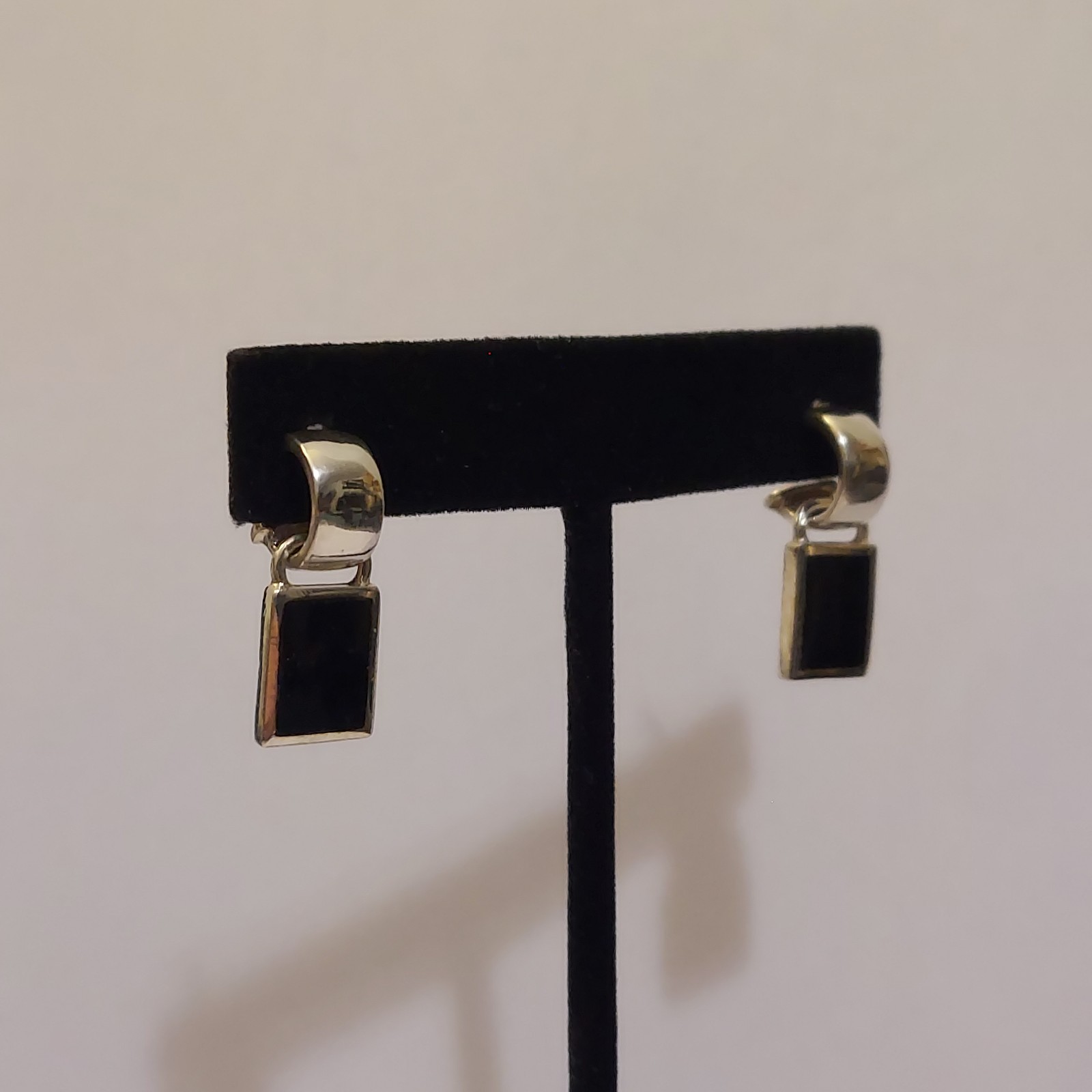 Vintage Sterling Silver Rectangular Onyx Inlay Dangle Hoop Earrings