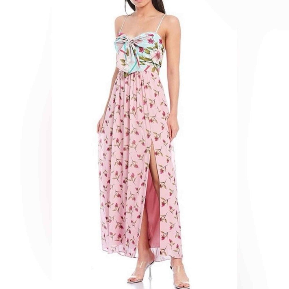 Belle Badgley Mischka Ollie Floral Sweetheart Neck Front Slit Maxi Dress