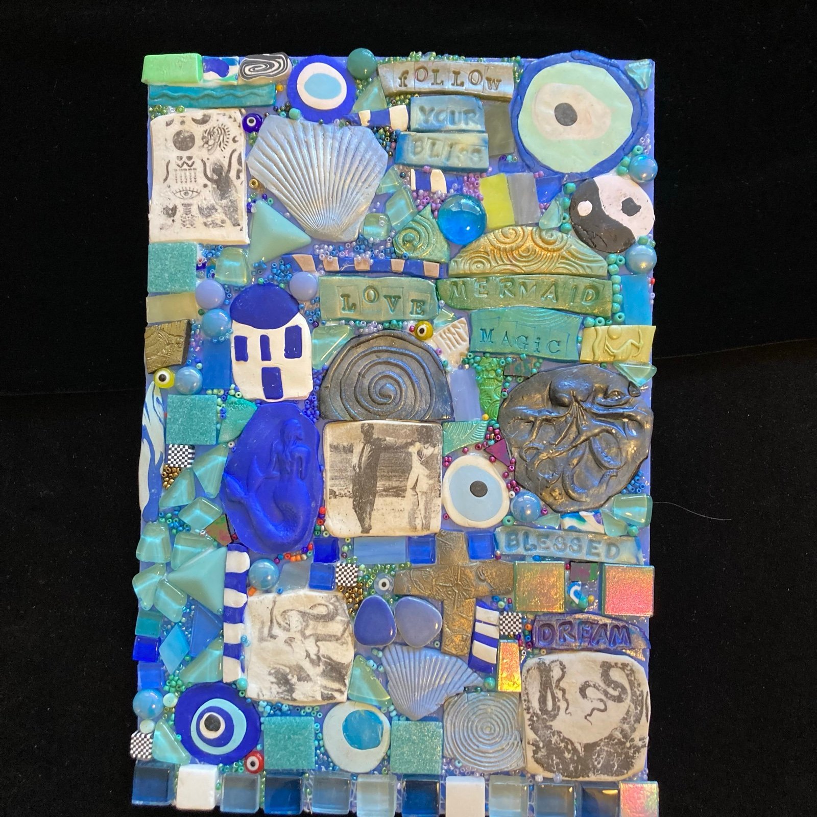 Handmade Mosaic Art “Follow your Bliss“Polymer Clay Original On Wood 12”x8”