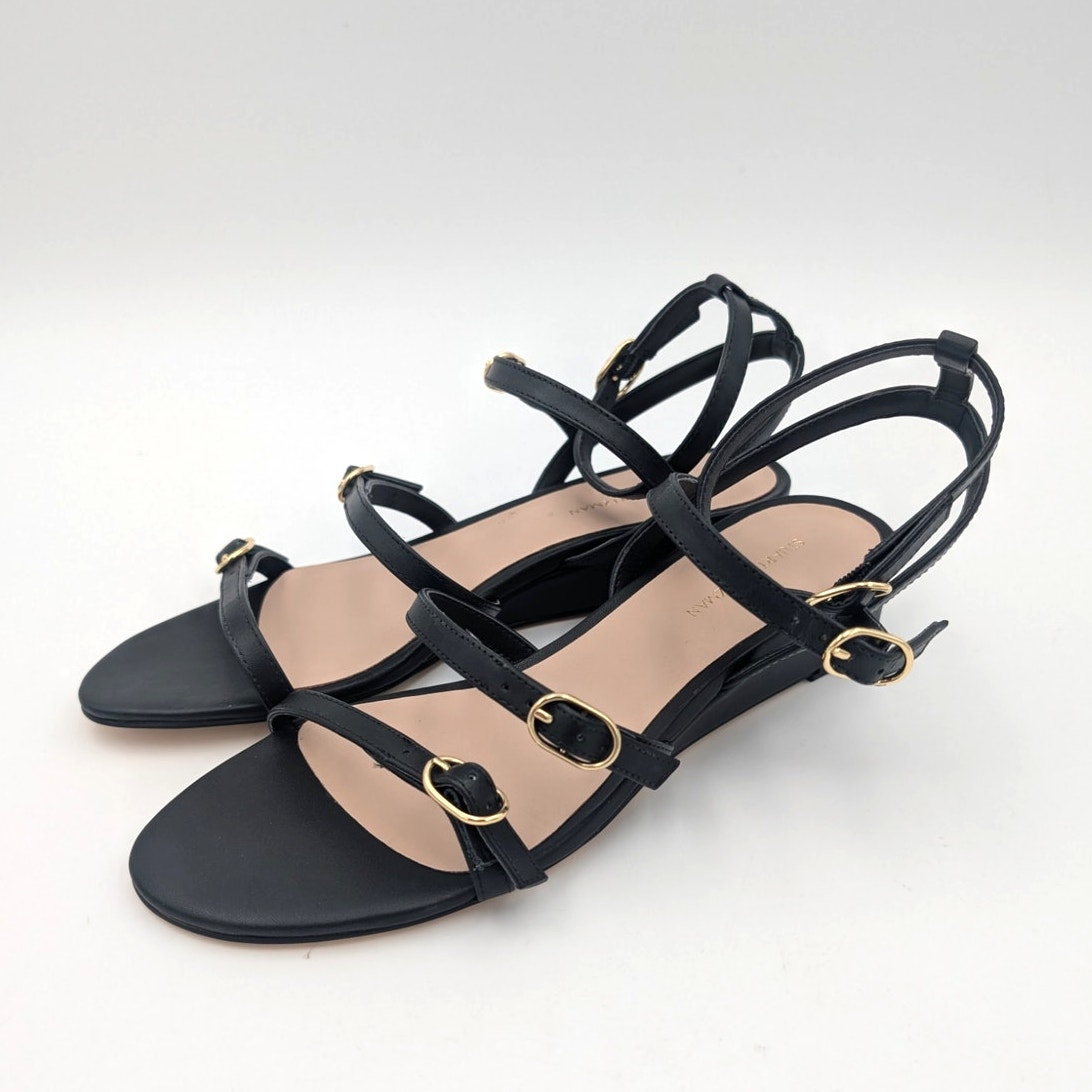 Stuart Weitzman Grecian Buckle Wedge Sandal Women's Black Size US8B EU39