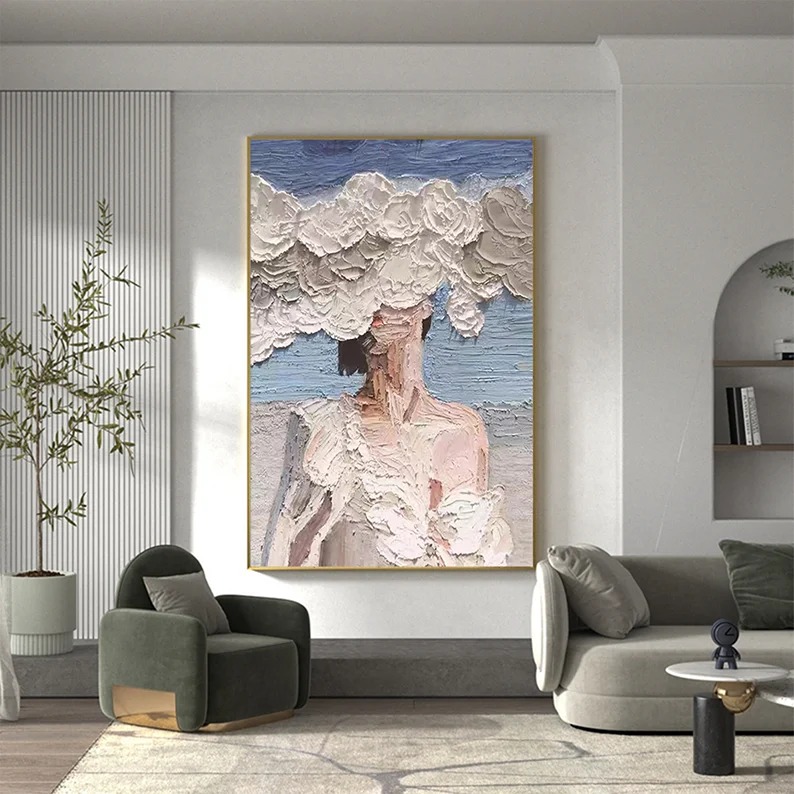 Large Abstract Woman Oil Painting On Canvas, Custom White Painting