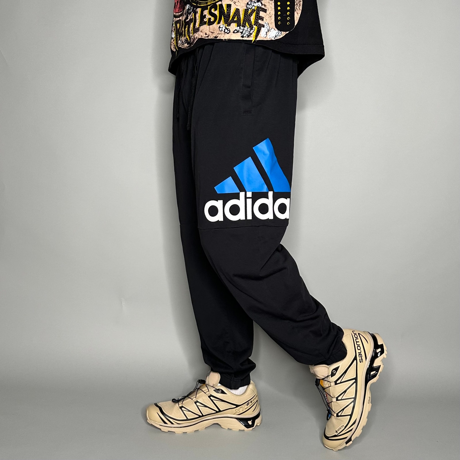 Adidas Sweatpants Black Cotton Joggers Large Blue White Logo