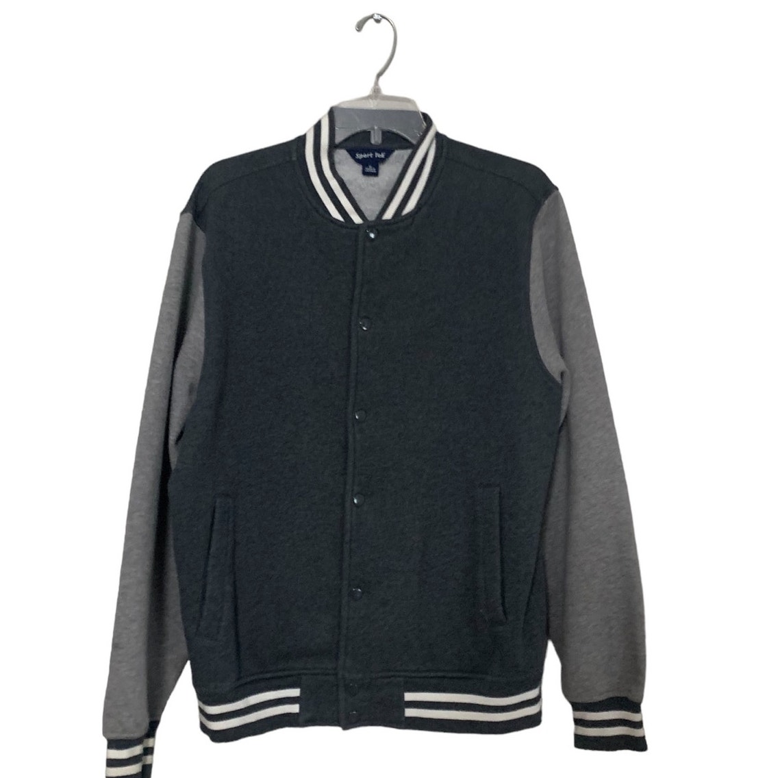 Sport Tek Men’s Letterman Jacket Size Medium Button up Dark Gray Light Gray