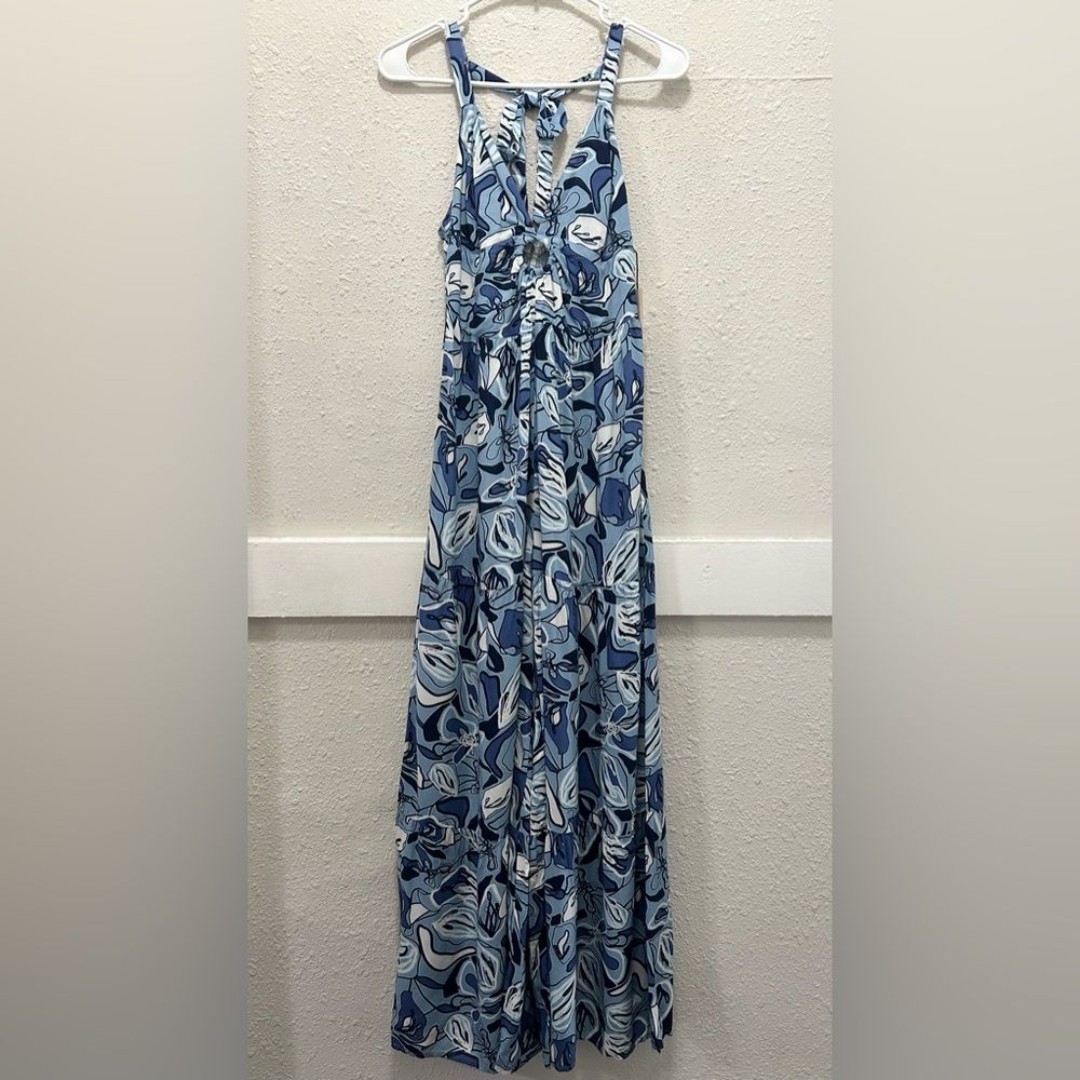 Sincerely Jules Blue Multi Halter Neck Keyhole Wide Leg Jumpsuit NWT XS