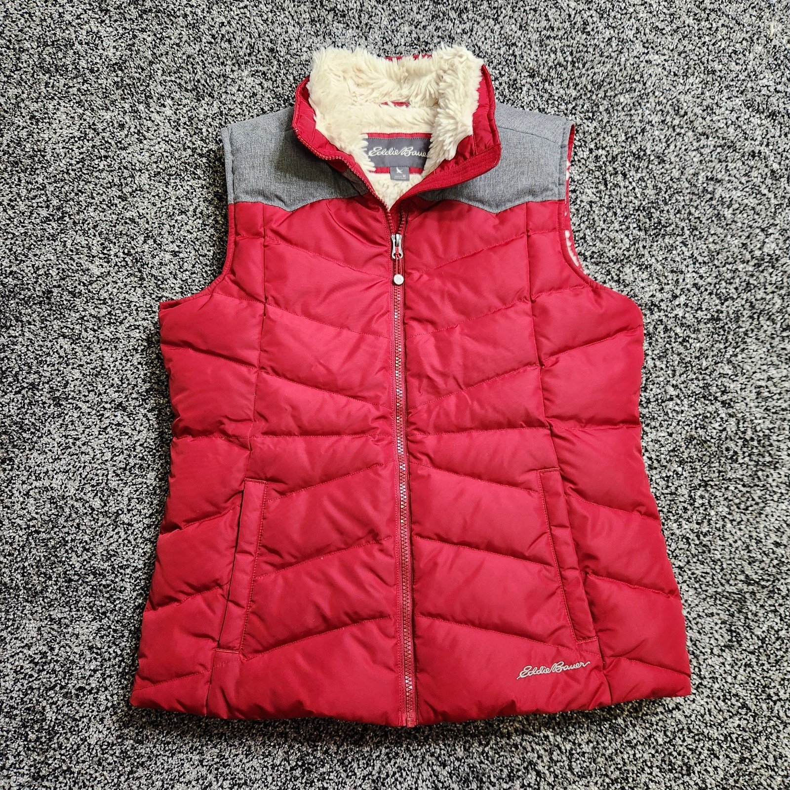 Eddie Bauer Red & Grey Puffer Vest 650 Size Medium , Half Fur Lined, Full Zip
