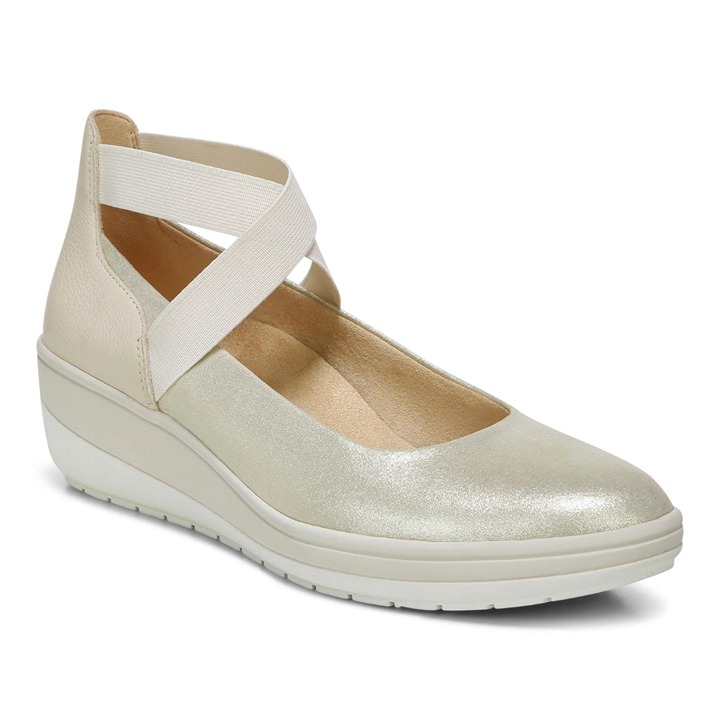 VIONIC Ellery Ankle Strap Supportive Comfort Wedge Sz 9.5 Cream Metallic Suede