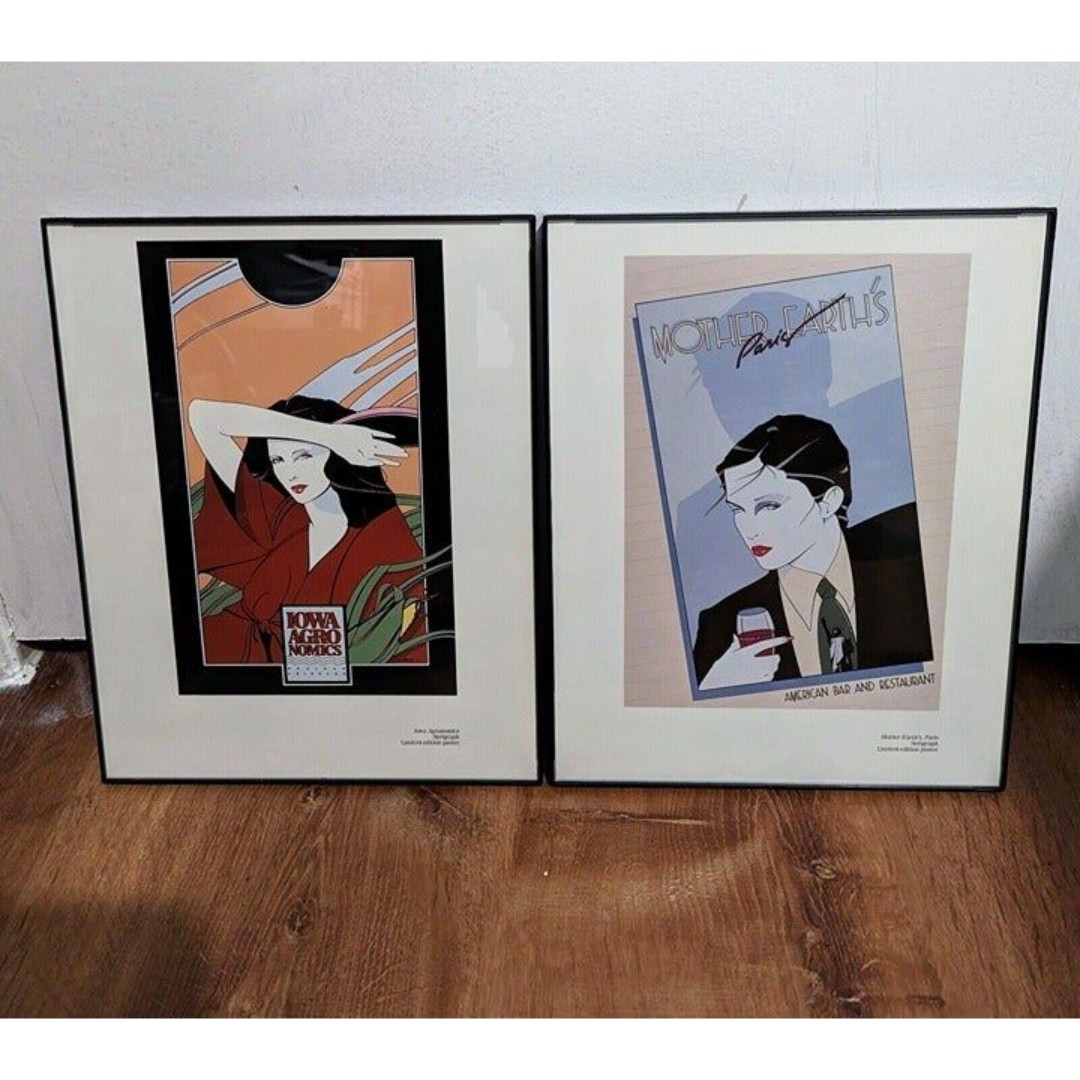 Patrick Nagel Art Bookplate Prints of Women 1985 1980s two Framed Pictures