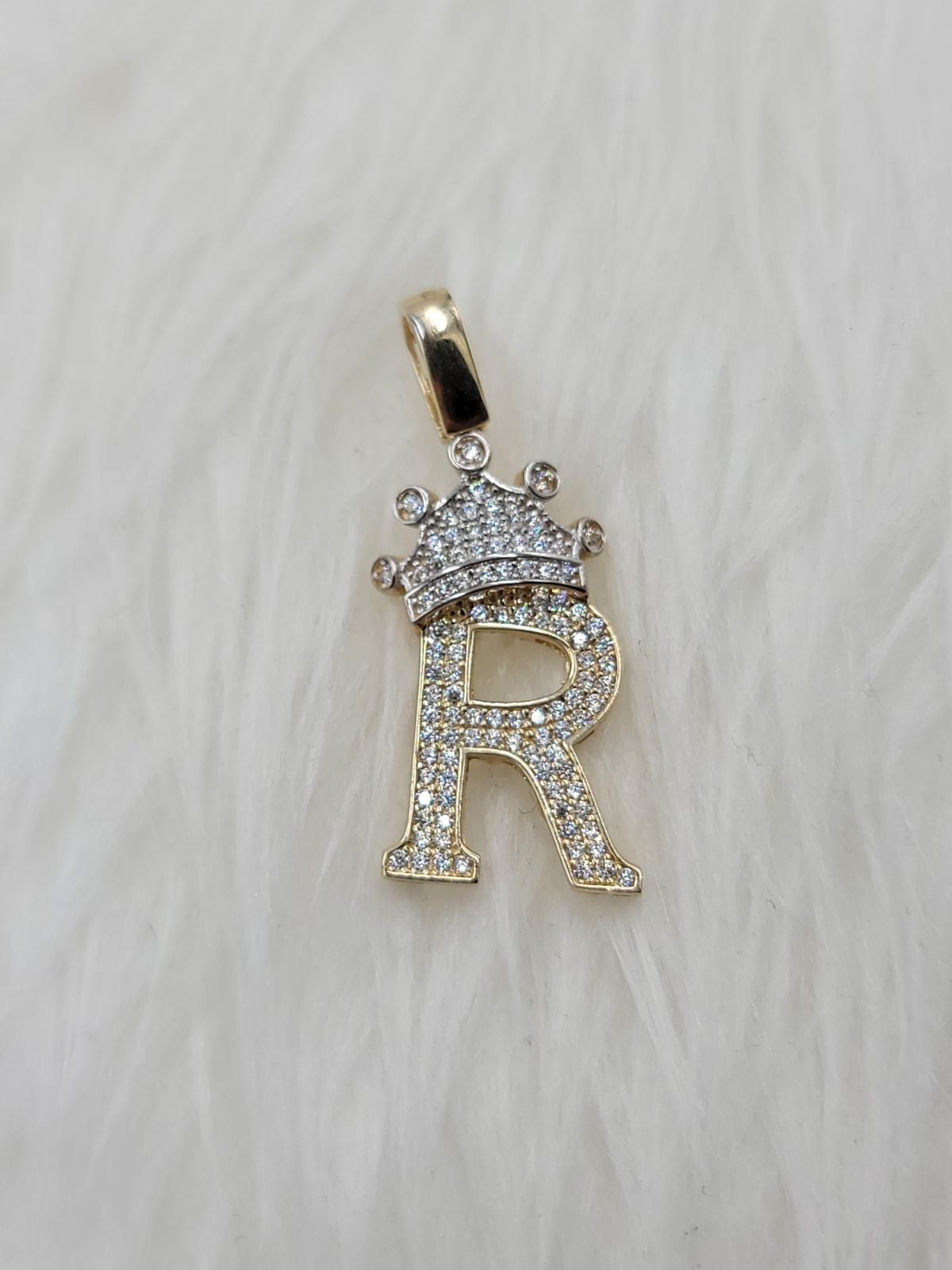 Solid 14k Gold iced out (cz) R initial pendant