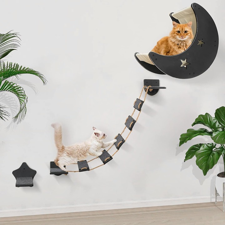 , Modern Cat Wall Furniture with 1 Step and 1 Climbing Bridge Step, Cat