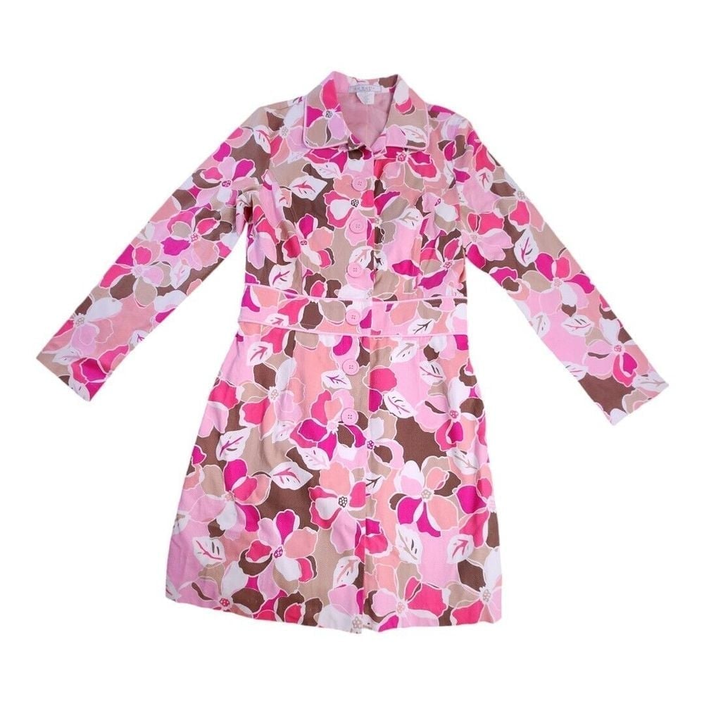 VINTAGE Y2K La Belle Flower Power Pastel Pink Dress Jacket Trench Size 9 Barbie
