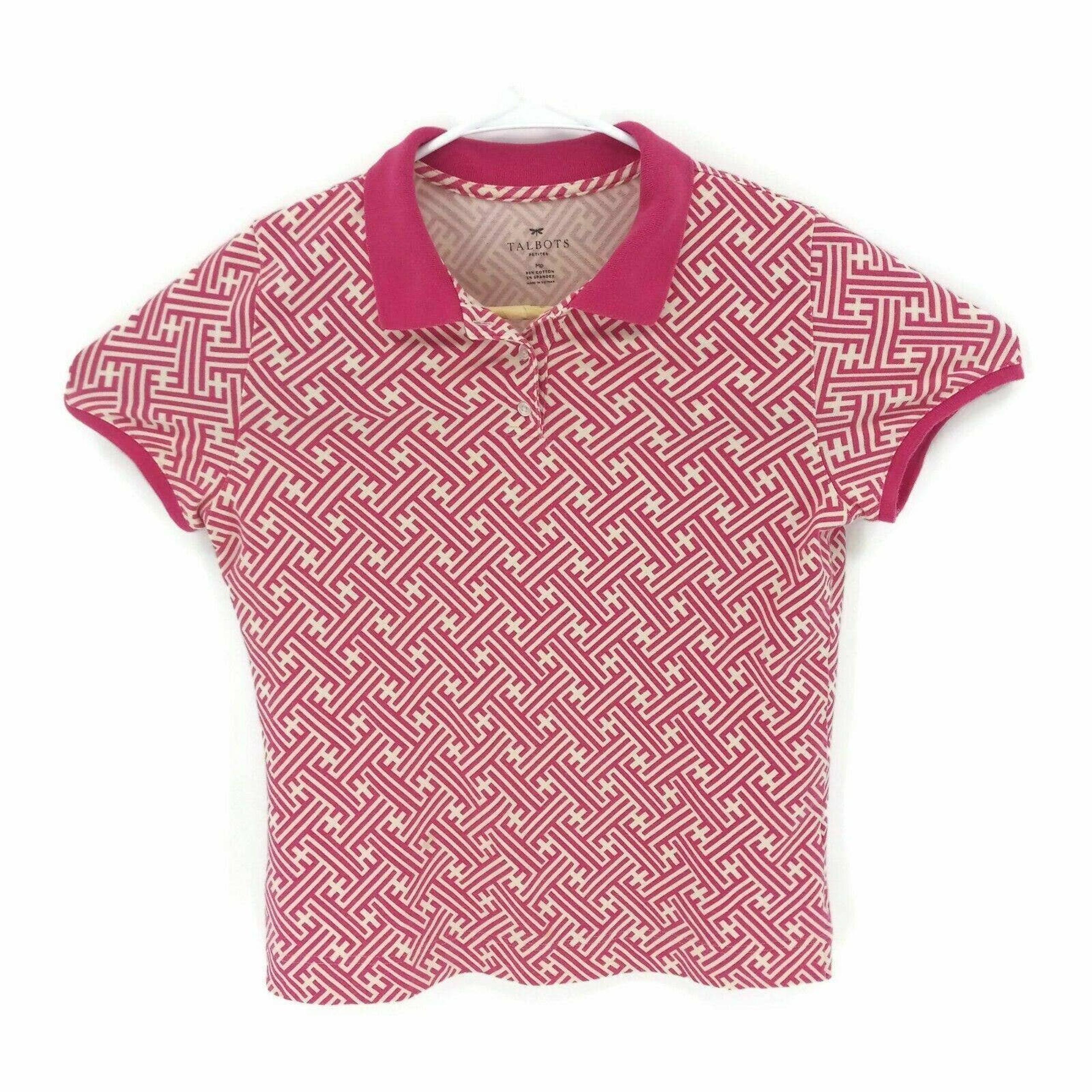 Talbots Womens Polo Shirt Pink White Geometric Short Sleeve Stretch Petites Mp