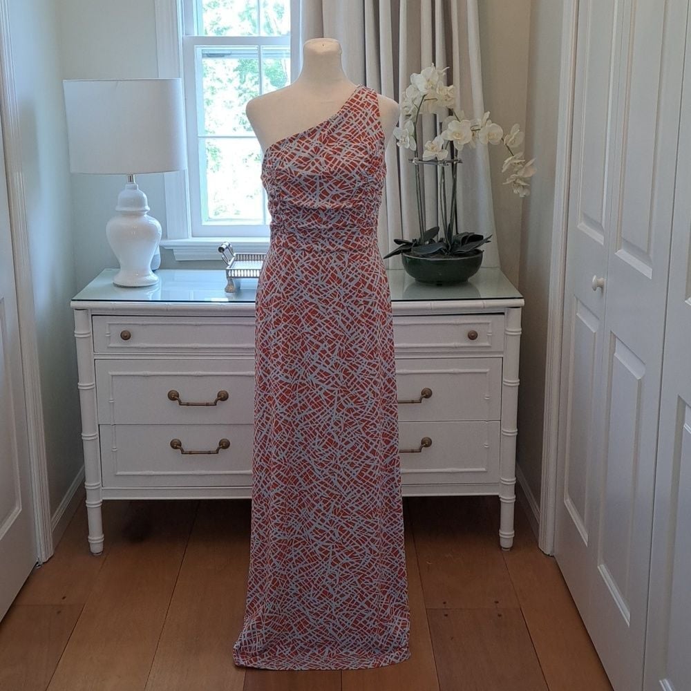 J. McLaughlin Womens One-Shoulder Coral/Blue Print Stretch Maxi Dress Size S