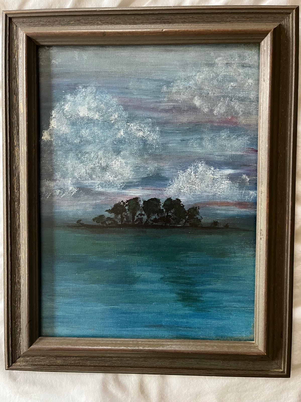VINTAGE ISLAND PAINTING OIL ON BOARD UNDER GLASS FRAMED