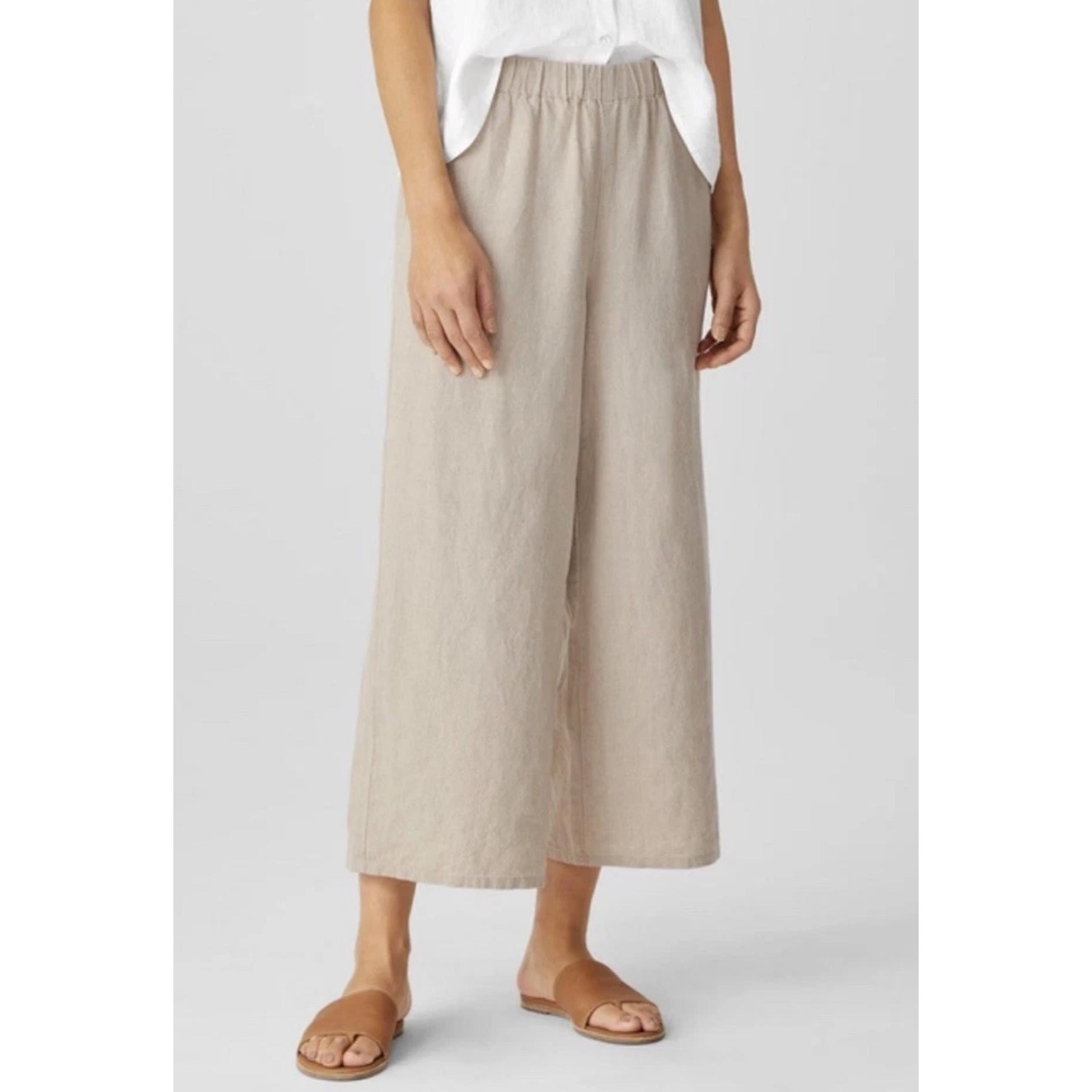 Eileen Fisher Organic Linen Wide Leg Pants Extra Baggy Cropped Elastic Waist XL